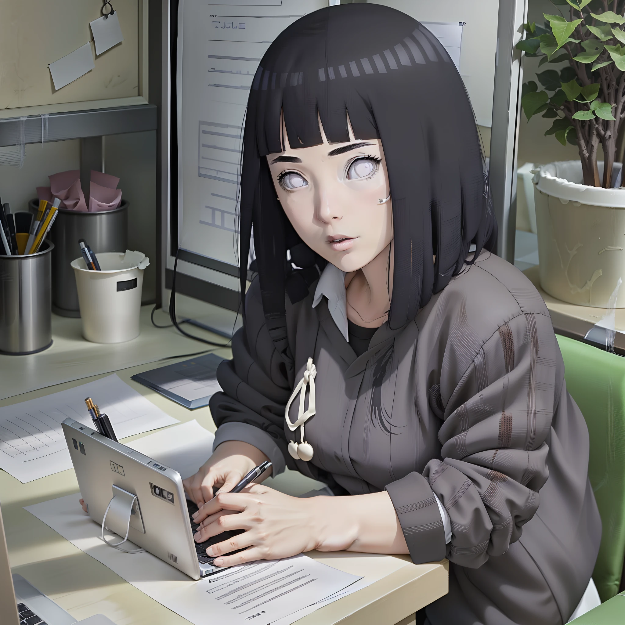 Hinata working in an office , masterpiece, great details, 6k , concerned , woman's black office suite