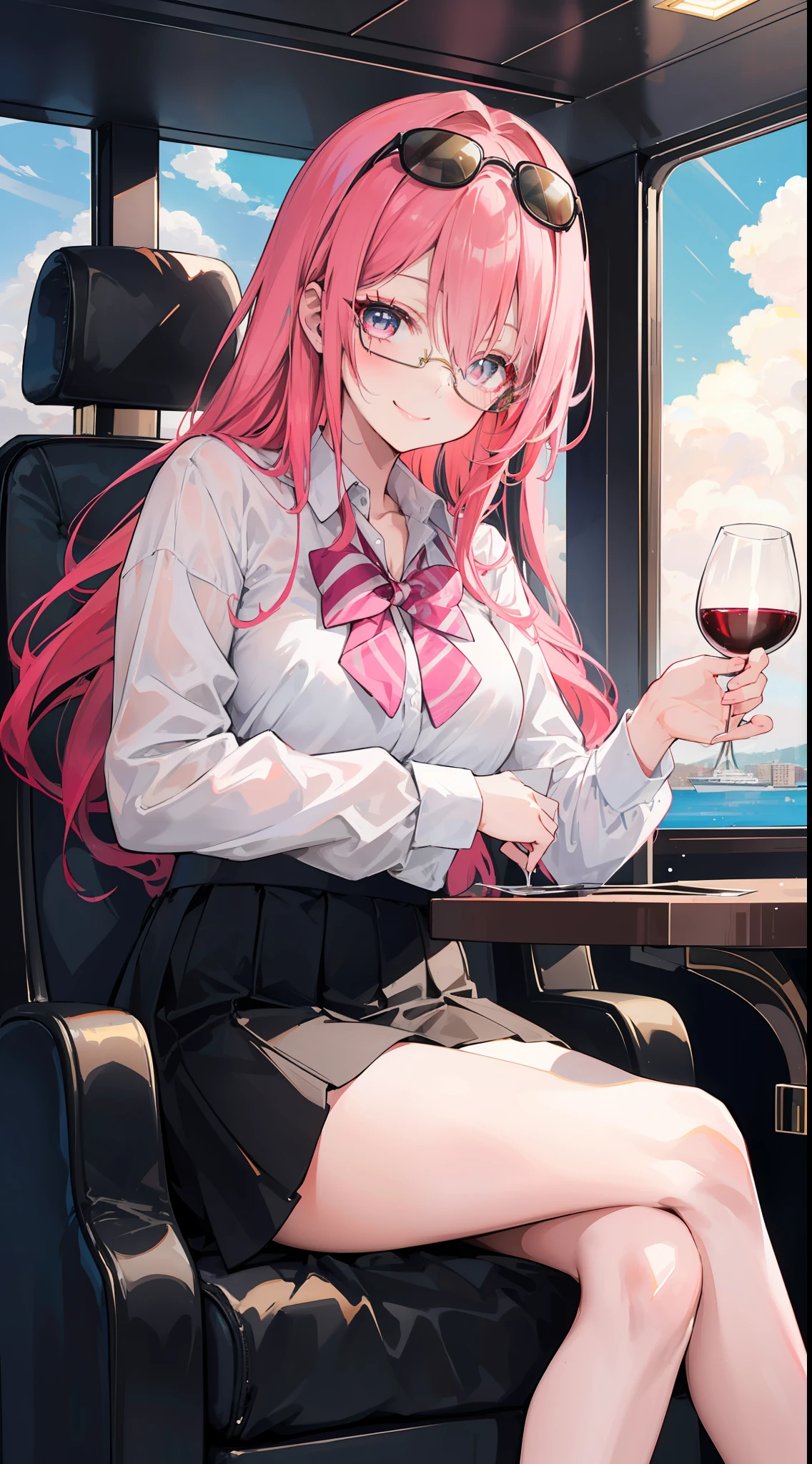 a girl sitting in luxurious yacht with a smile and wink eyes, her cheeks are chubby, her hair is colorful pink, colorful eyes use one black sun glasses in her head. holding a one glass of wine. She highschool student who is the richest person in the world who has various of trillions of dollars ((only use one glasses))