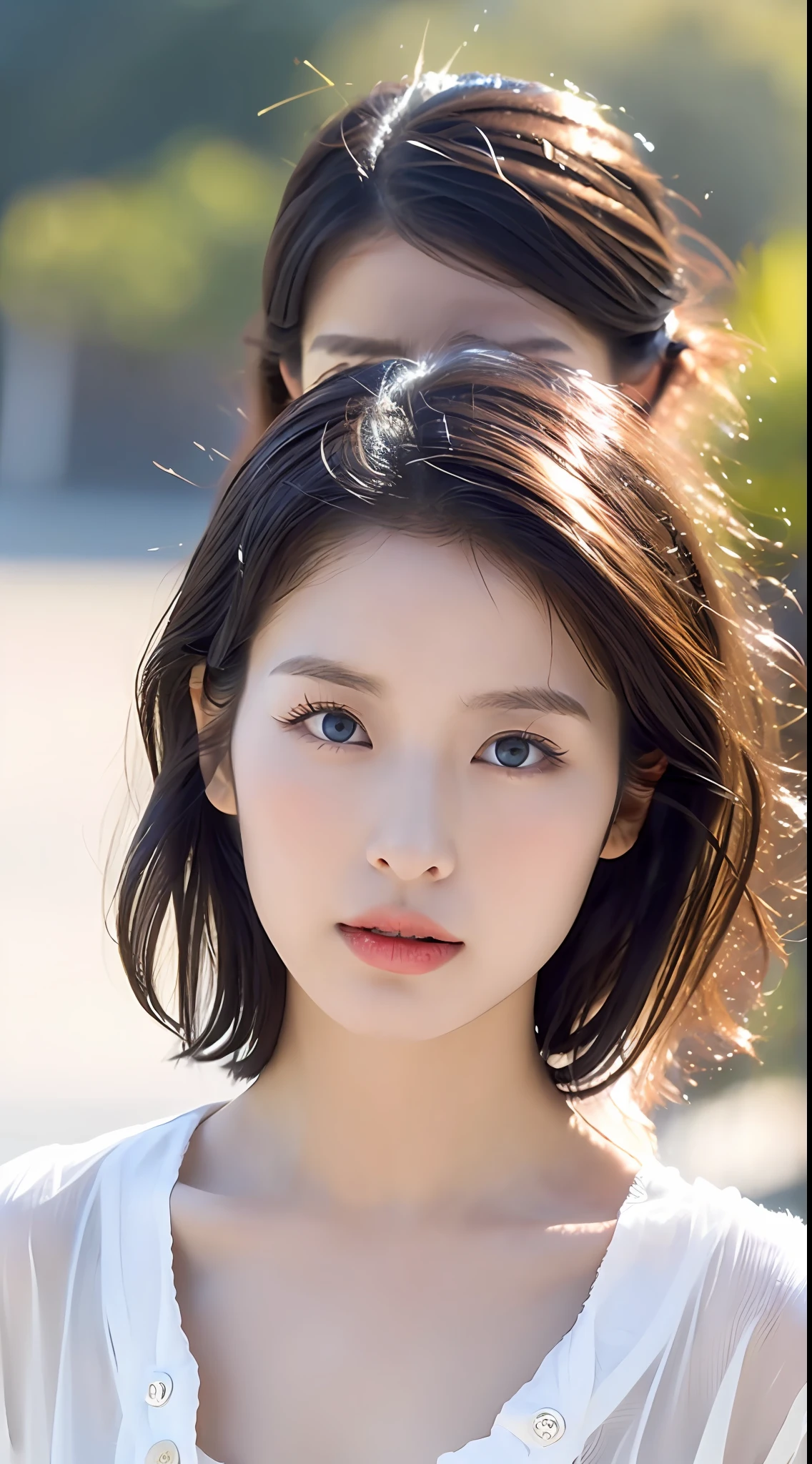 ((Top Quality, 8K, Masterpiece: 1.3)), Sharp Focus: 1.2, Beautiful woman with perfect body: 1.4, Slender abdomen: 1.2, ((Layered hairstyle, big breasts: 1.2)), (No bra) (Small and beautiful hard (thin and damp buttons up to shirt length: 1.1), (rain-soaked white shirt), (Rain, distance: 1.2), wet body: 1.1, very delicate face and skin texture, detailed eyes, double eyelids, tanned skin, sexy, tan, real skin, Real eyebrows, blue eyeballs.