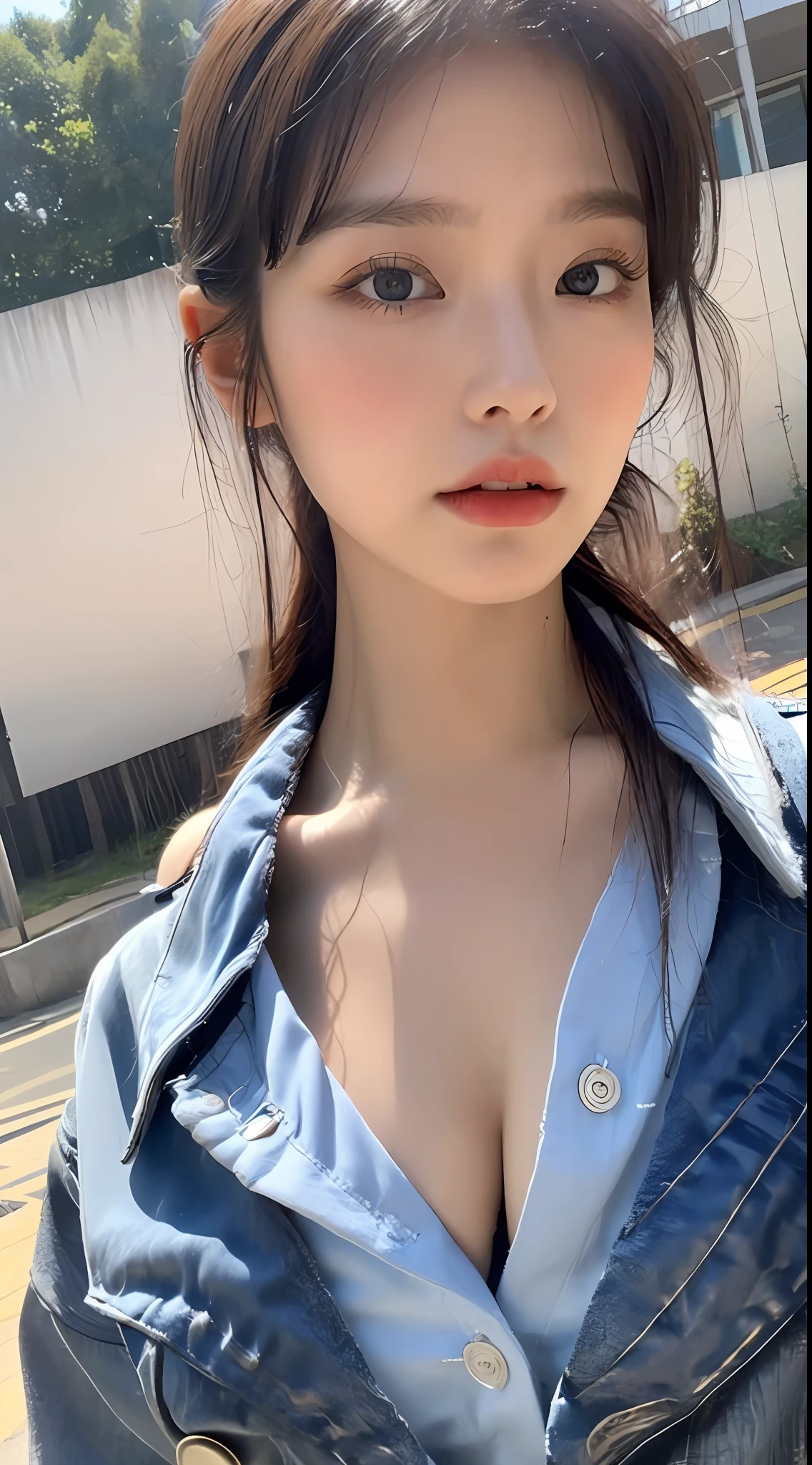 ((Top Quality, 8K, Masterpiece: 1.3)), Sharp Focus: 1.2, Beautiful woman with perfect body: 1.4, Slender abdomen: 1.2, ((Layered hairstyle, big breasts: 1.2)), (No bra) (Small and beautiful hard (thin and damp buttons up to shirt length: 1.1), (rain-soaked white shirt), (Rain, distance: 1.2), wet body: 1.1, very delicate face and skin texture, detailed eyes, double eyelids, tanned skin, sexy, tan, real skin, Real eyebrows, blue eyeballs.