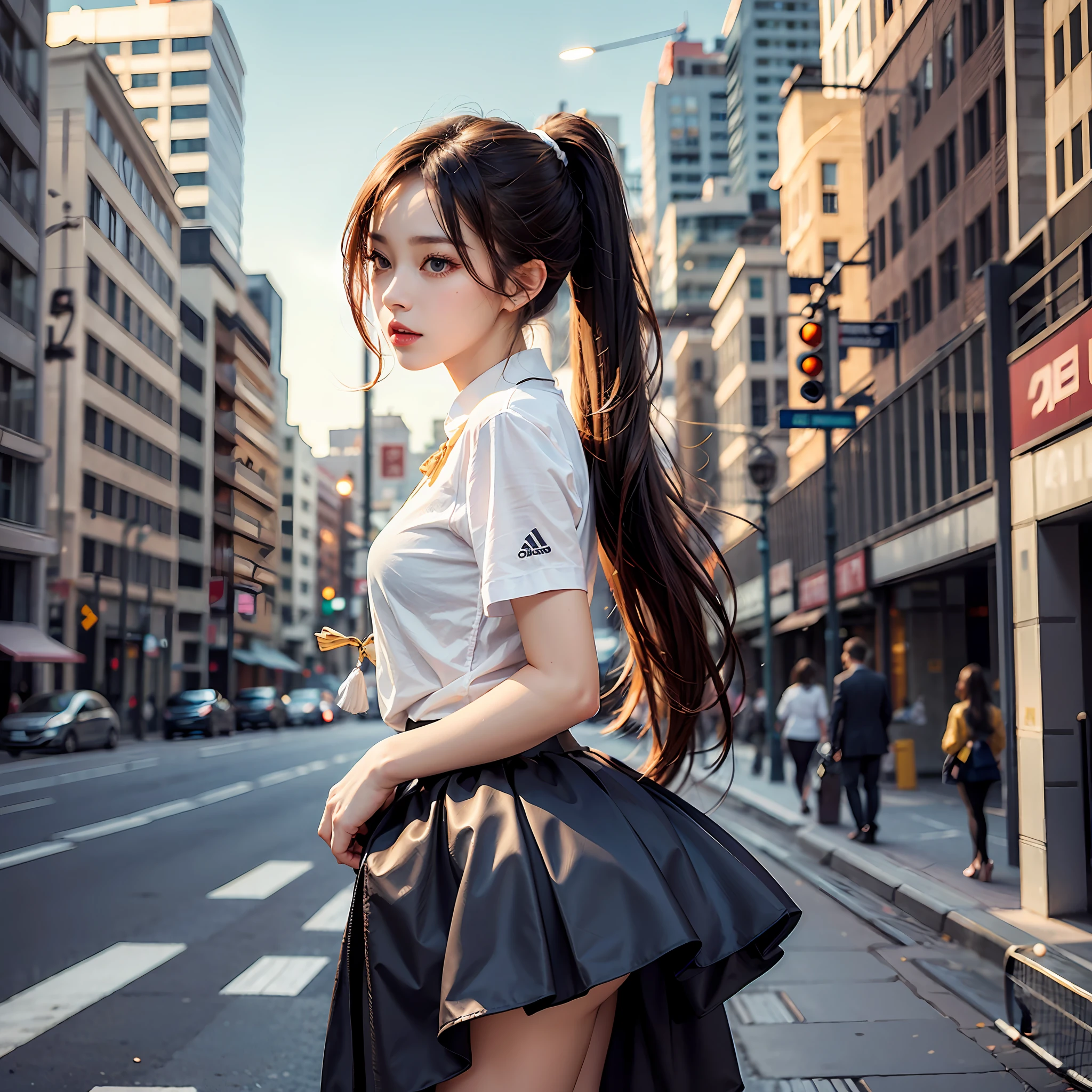 A pure girl, fox ears, suit, tennis skirt, golden high ponytail, light, eyes looking ahead, outdoor, leaning on a street lamppost, casual elegant posture, sexy, show beauty, white high heels, tassels,