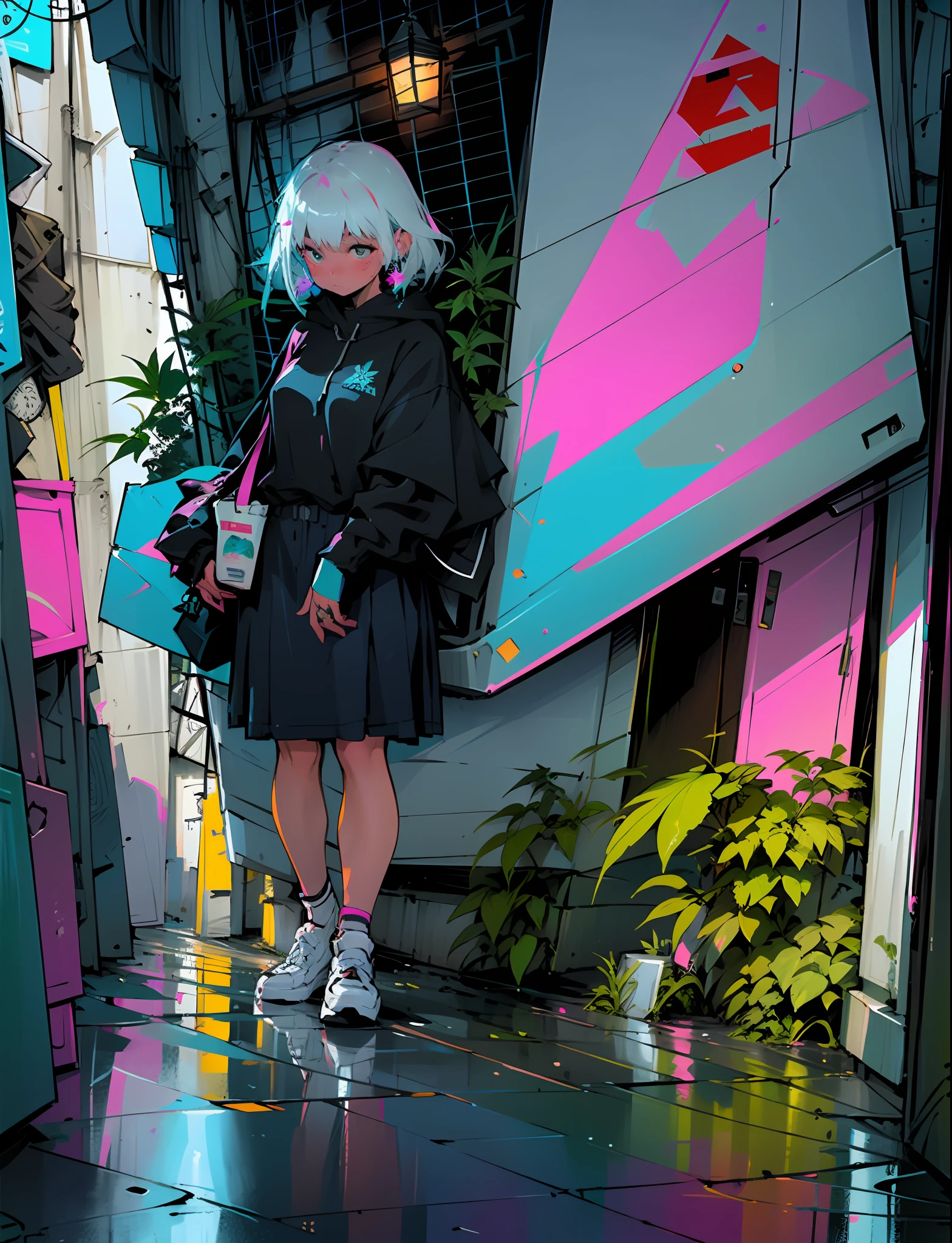 Masterpiece, up close, car on a wet road, neon lights, neon galaxies, huge crystal moon, starry sky, happy, peaceful, in love, hemp, crystals, leaf, marijuana, cannabis, ((illustration)), colorful, wallpaper, energy, secret, snkret, mountains, lake, night city, flower shop, neon stars