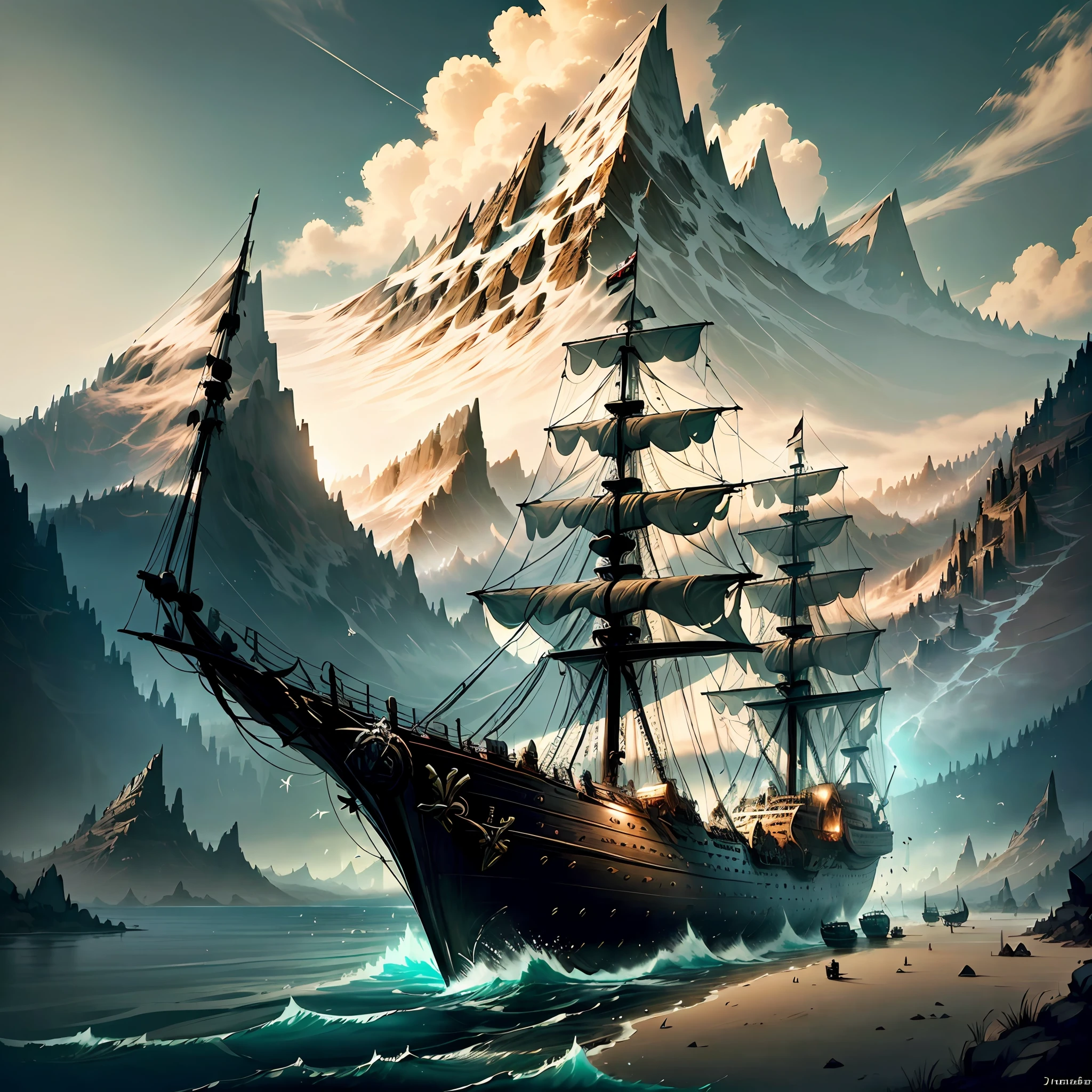 Computer Rendered Graphics, Realistic Fantasy, Extensive Landscape Ultrafiction Photography (general view showing a huge wooden sailing ship, with decks, 4 decks, stern, hold, + many sails, + bow, + forecastle, + stern, + ut + decks, ), Daniel Arsham, ocean, rocks, sky, morning, "Majestic mountains," "Lush forests," "Glittering lakes," "Desert dunes," "Golden sunsets."