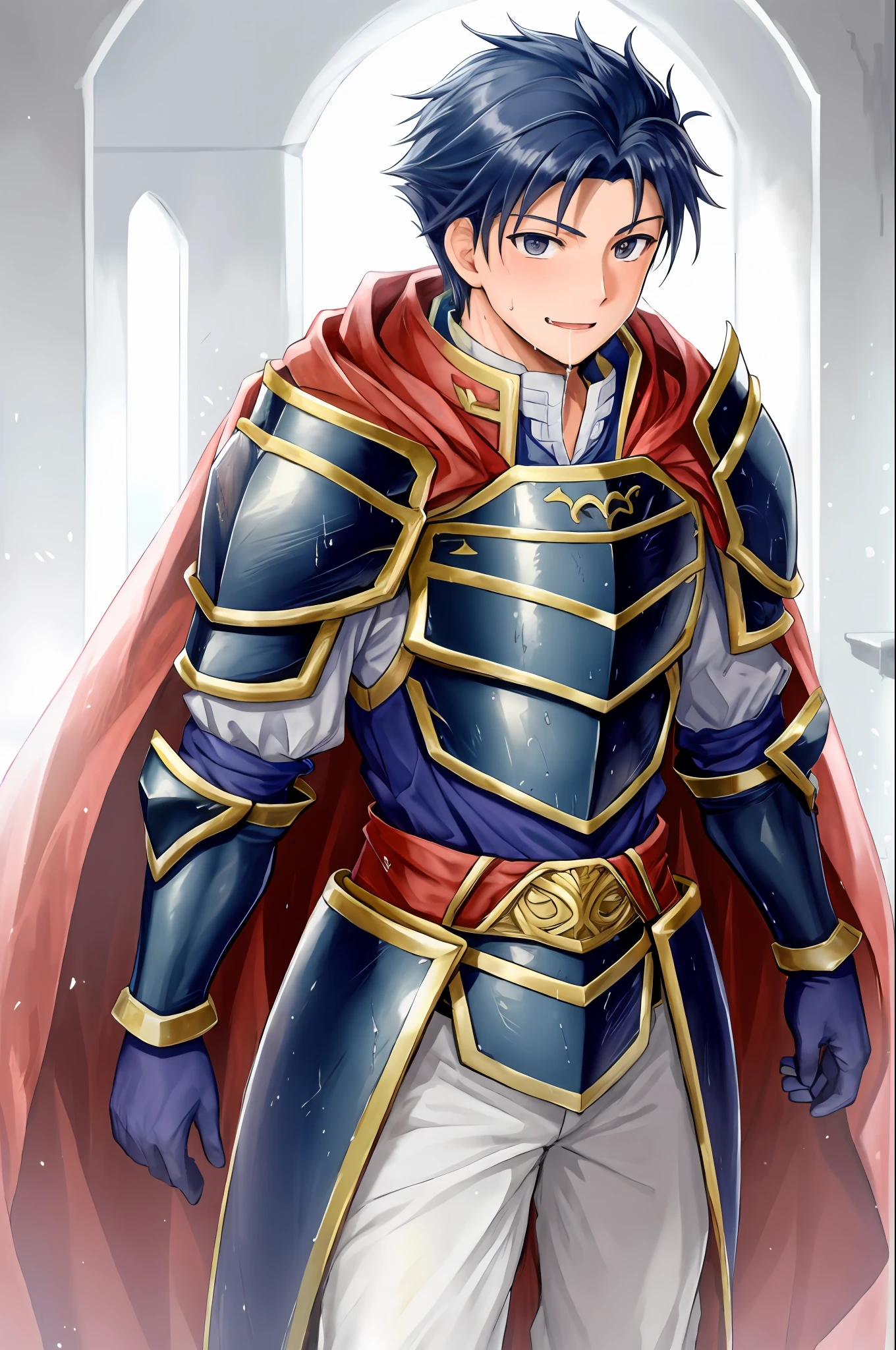 Hector Fey, soloist, looking at the audience, smiling, sweating, drenching, wet, drooling, gloves, 1boy, male focus, cape, armor, shoulder armor, castle view