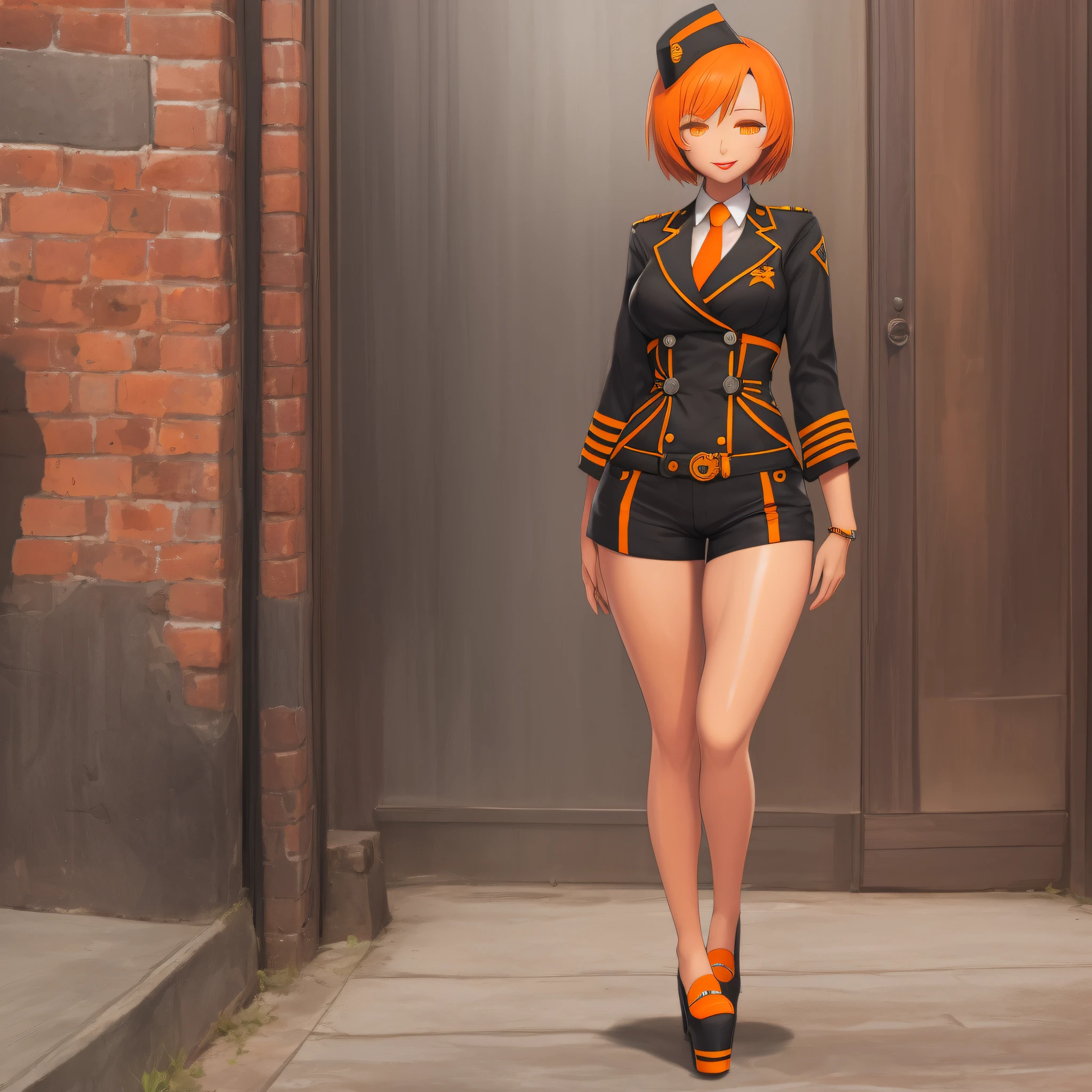 Monad, Full Body, Doll Body, Platform Shoes, Tall, Manequin Pose, Empty Eyes, Sexy Smile, Orange Eyes, Red Lips, Best Quality, Extremely Detailed, Uniform, 1girl, Solo, Short Hair, Thighs, Charging Her Batteries.