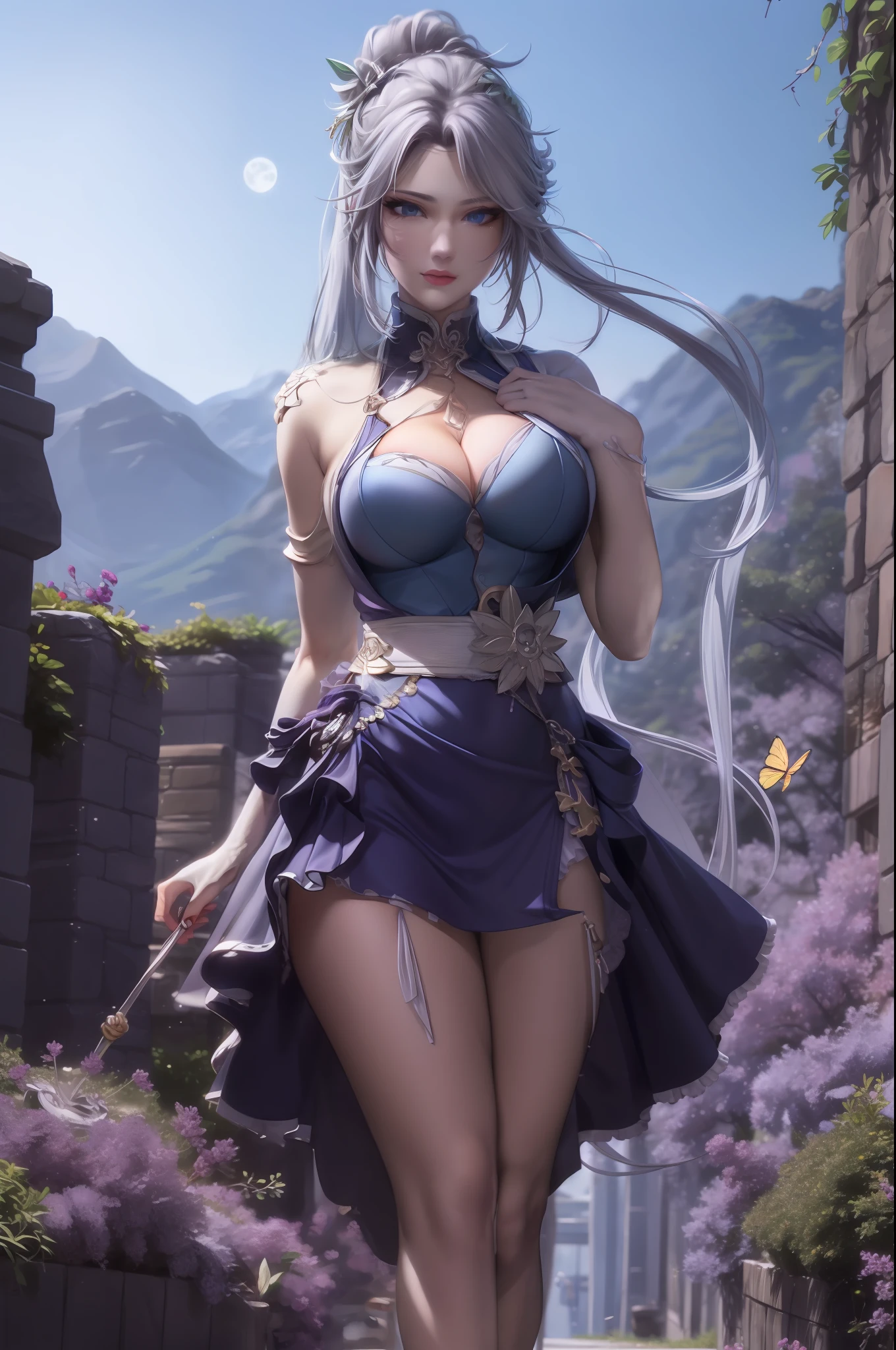 Big breasts, sexy cleavage, straight big breasts, white long-legged stockings