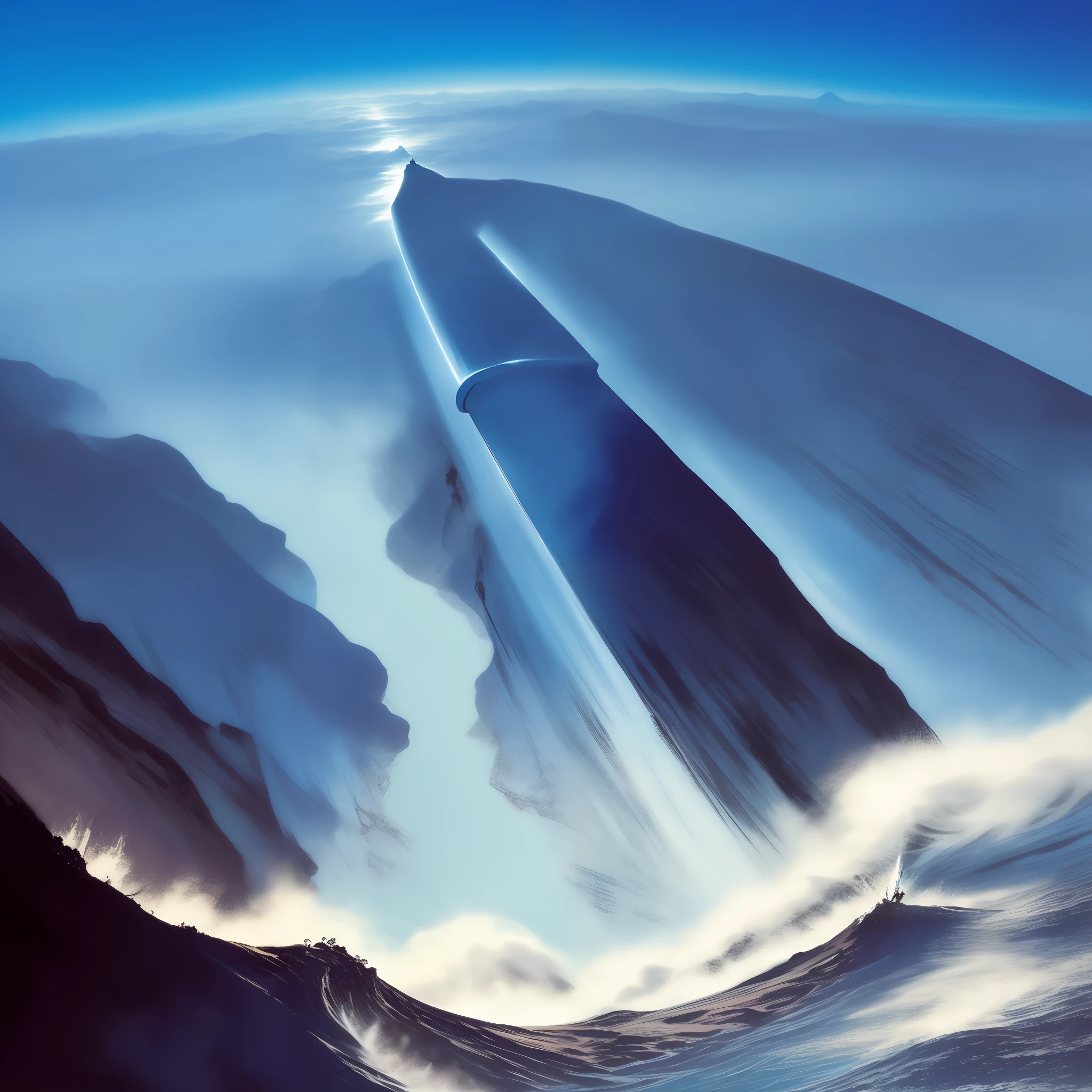 Chinese style, ink style, martial arts style, a sword between heaven and earth, cutting through the blue sky, epic water, wind and light bends, high art, high aesthetics, movie atmosphere
