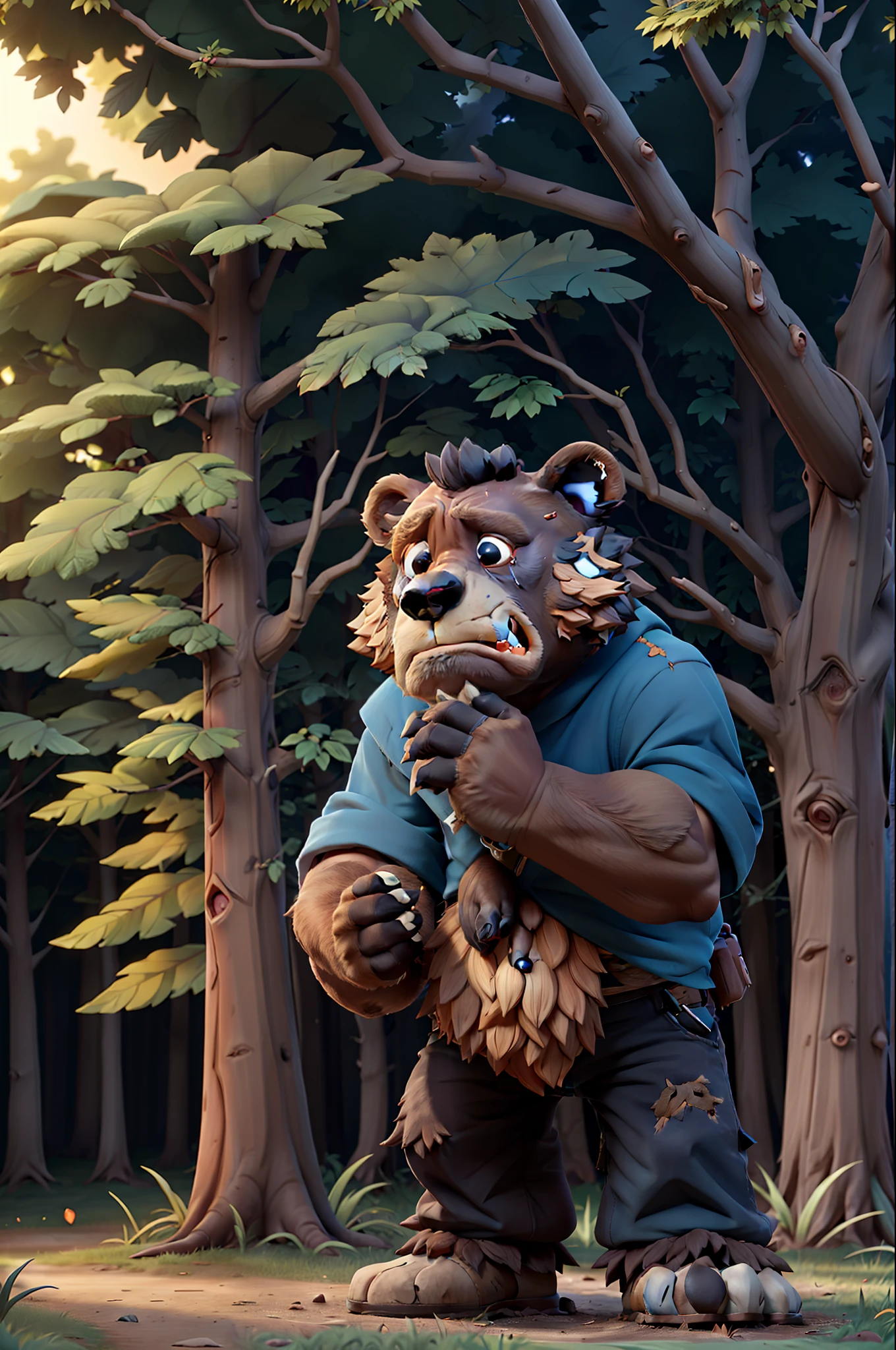 Masterpiece, of the best quality, a sad bear crying, very aggrieved, under a tree in the forest