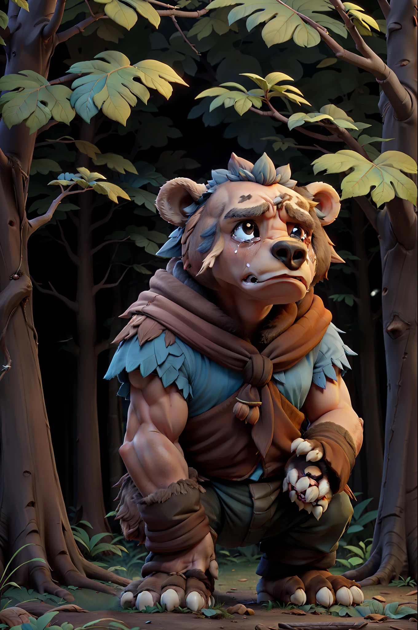 Masterpiece, of the best quality, a sad bear crying, very aggrieved, under a tree in the forest
