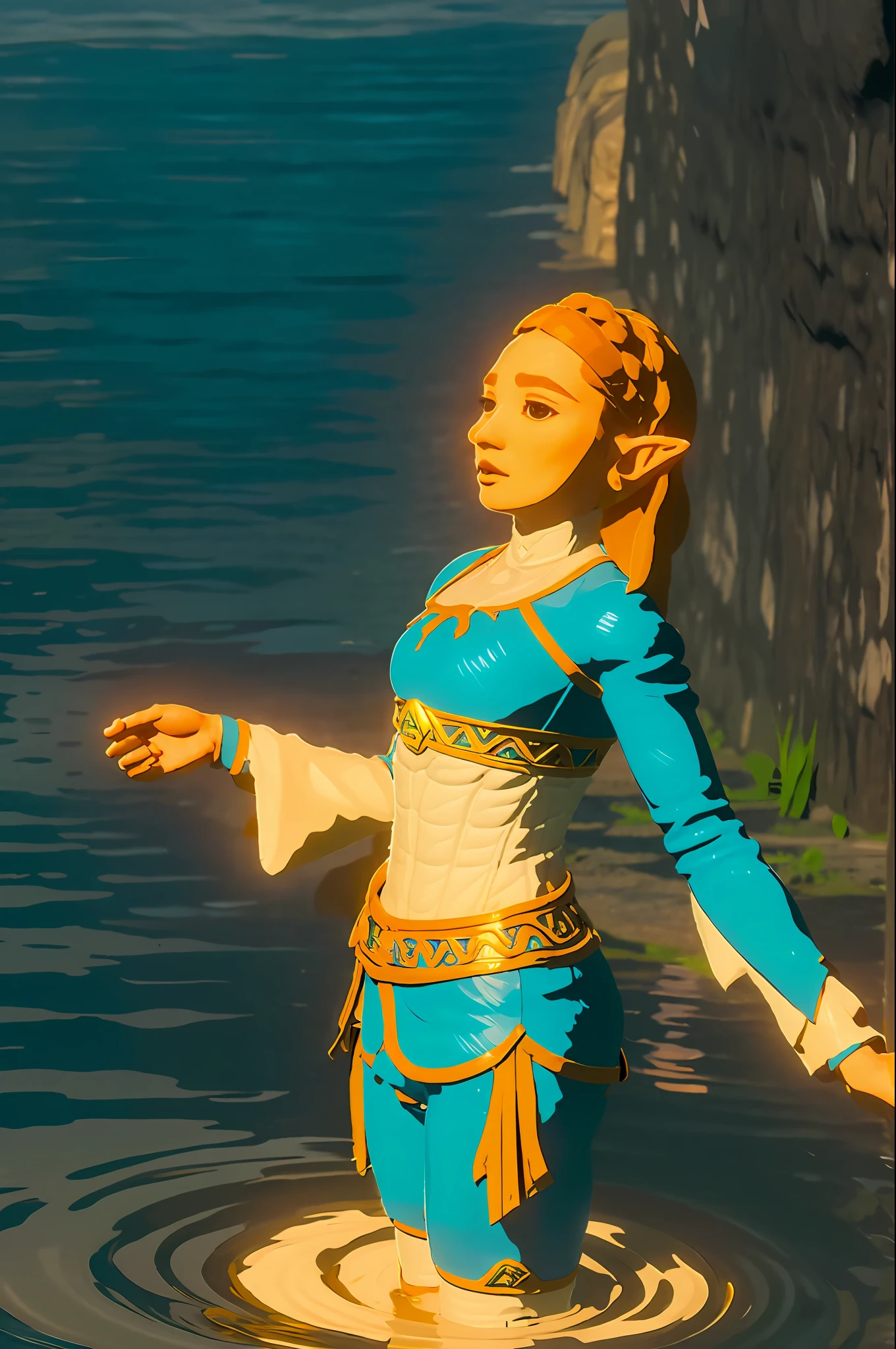 zelda\(princess\) christ like pose hovering about ripples of water the sea