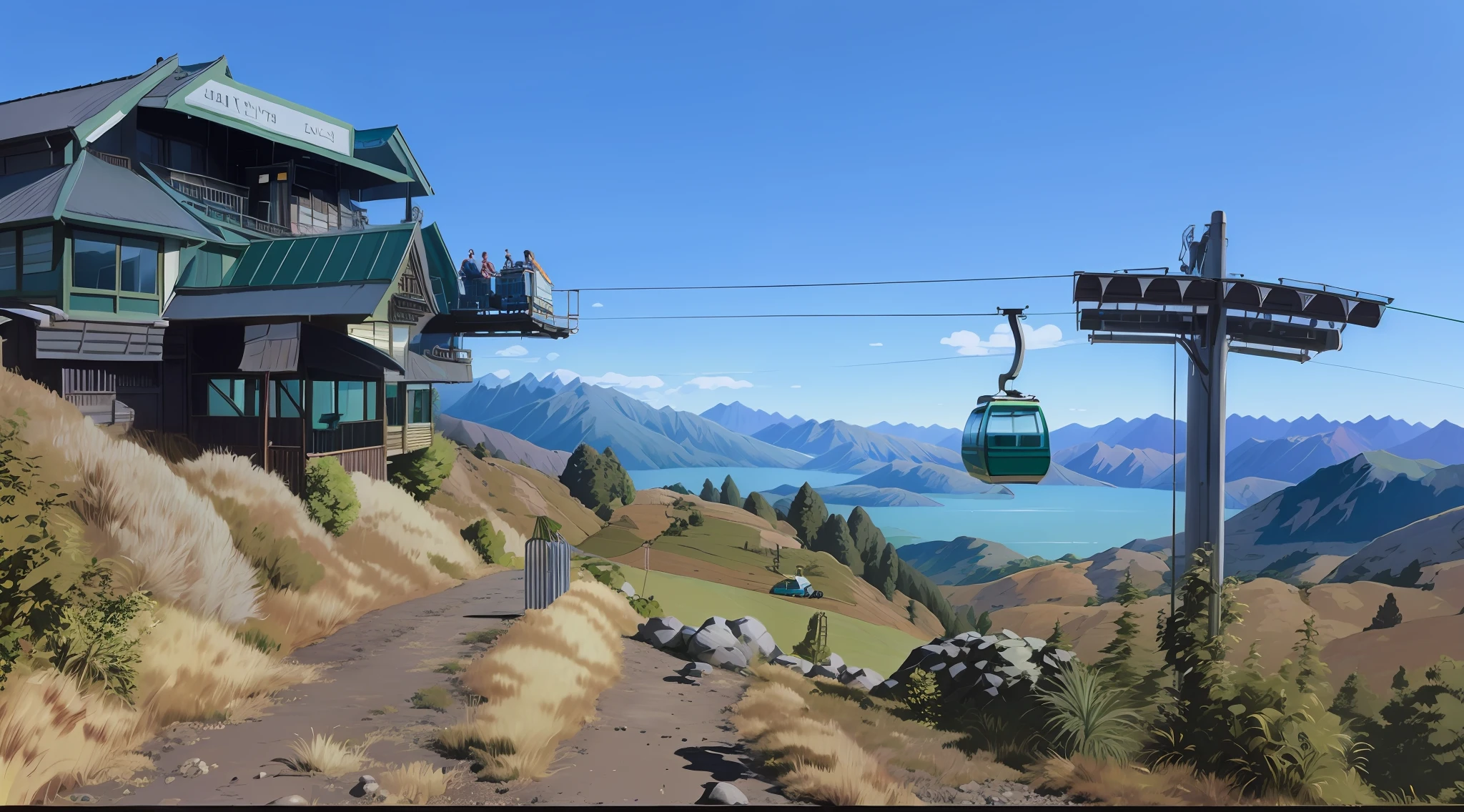 green foliage, green grass, green plants, gondola going up a hill with a view of the water, chairlifts, gondola, new zealand, painted animation background, kahikatea, digitally painted, gondolas, highly rendered, new zealand landscape, adventure hyper realistic render