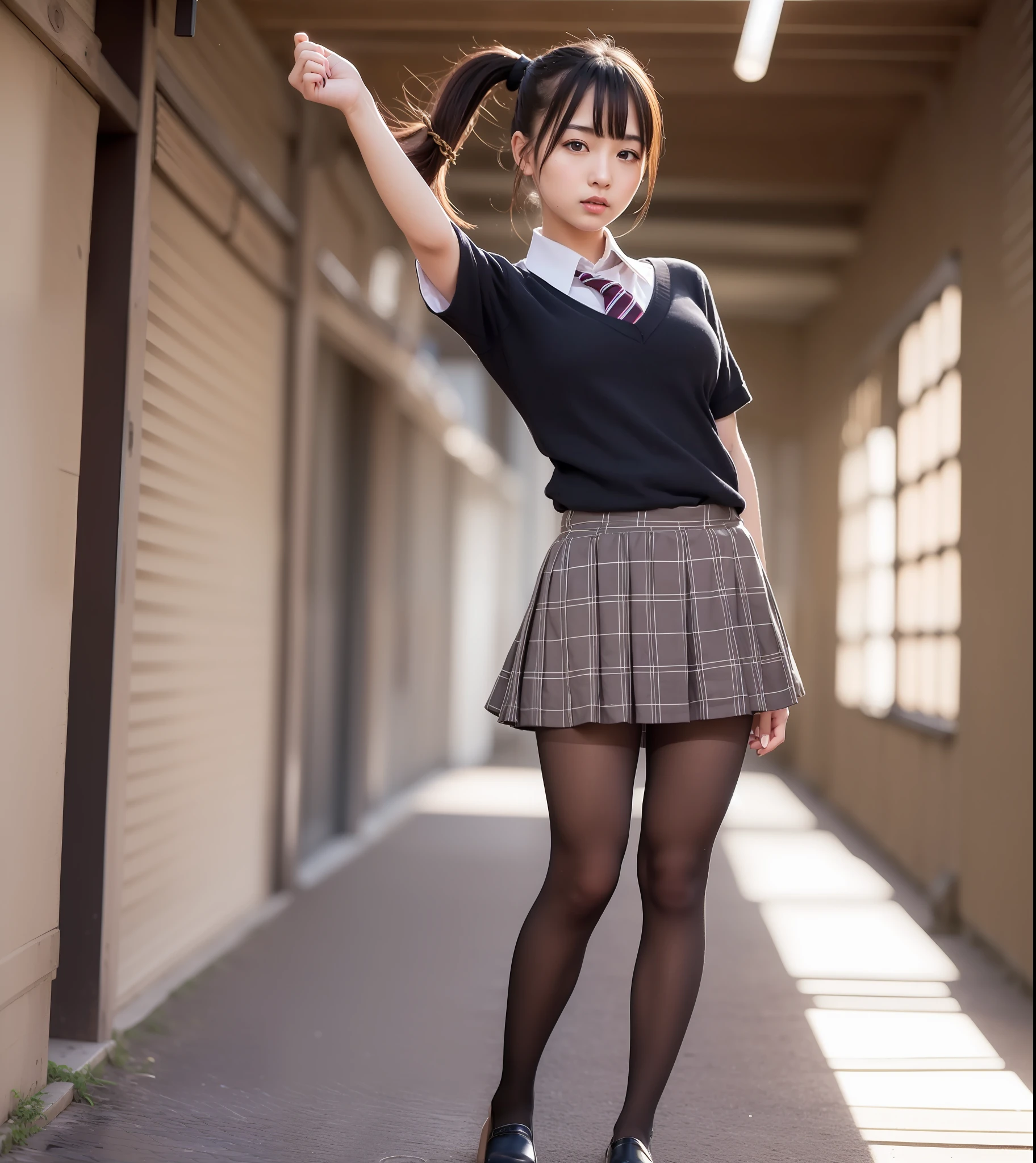 Japan pretty girl, (Real, Hi-Res: 1.4), 1 girl, (natural light), (more face, more hair, more skin), (middle chest), (open mouth: 1.1), big eyes, slender, leg, mid-waist, full body shot,(school uniform: 1.1),(black pantyhose),ponytail,(spread arms:1.2),basement,