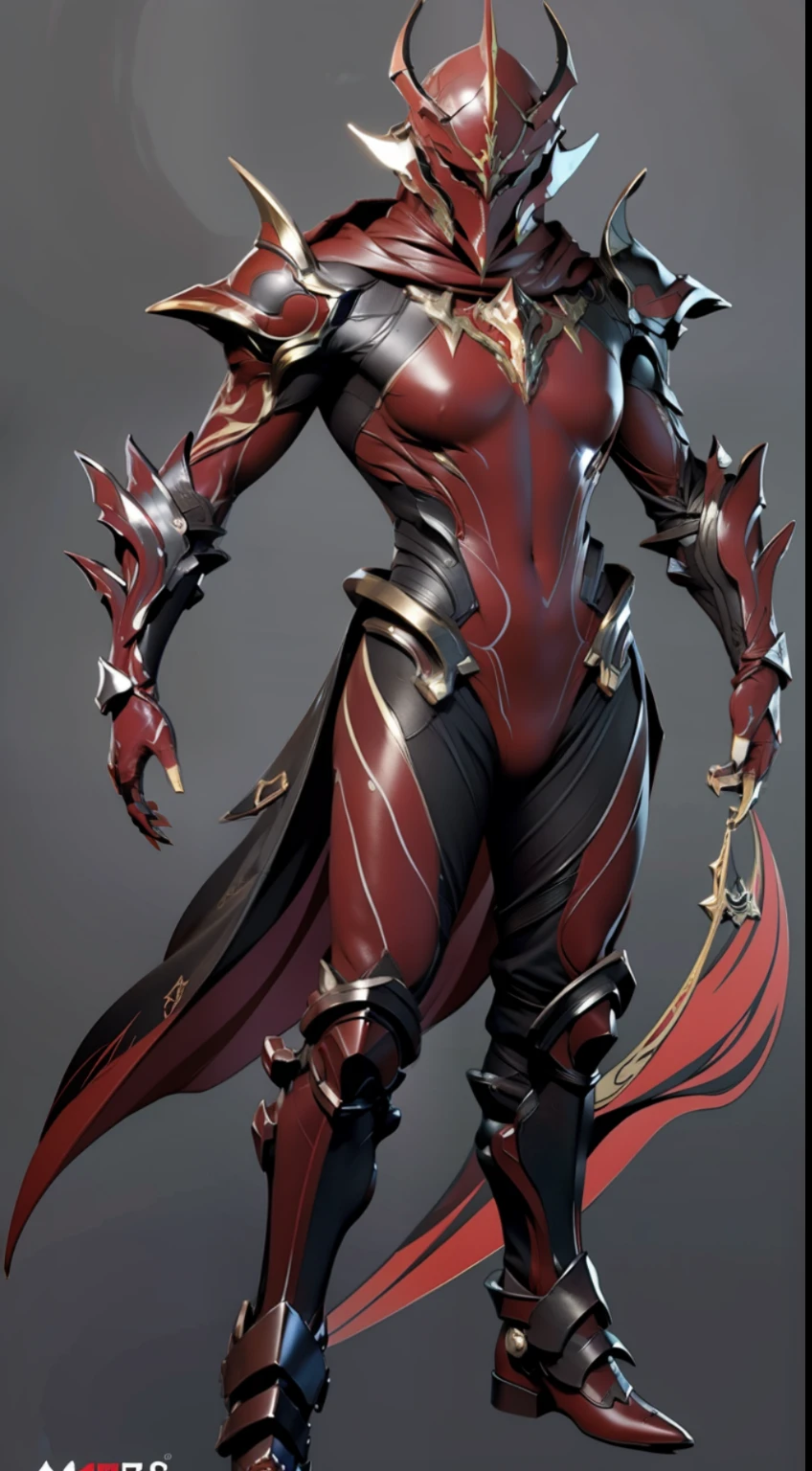 solo, super fine photo, full body picture Unreal Engine 5 8K UHD, male, thin, black and crimson color scheme armor, dark red tattoo details, vampire design, long scarf cover the left arm, red eyes, simple design, best quality, masterpiece, official art, unified 8k wallpaper, high detailed, sharp focus, dynamic pose, body parts