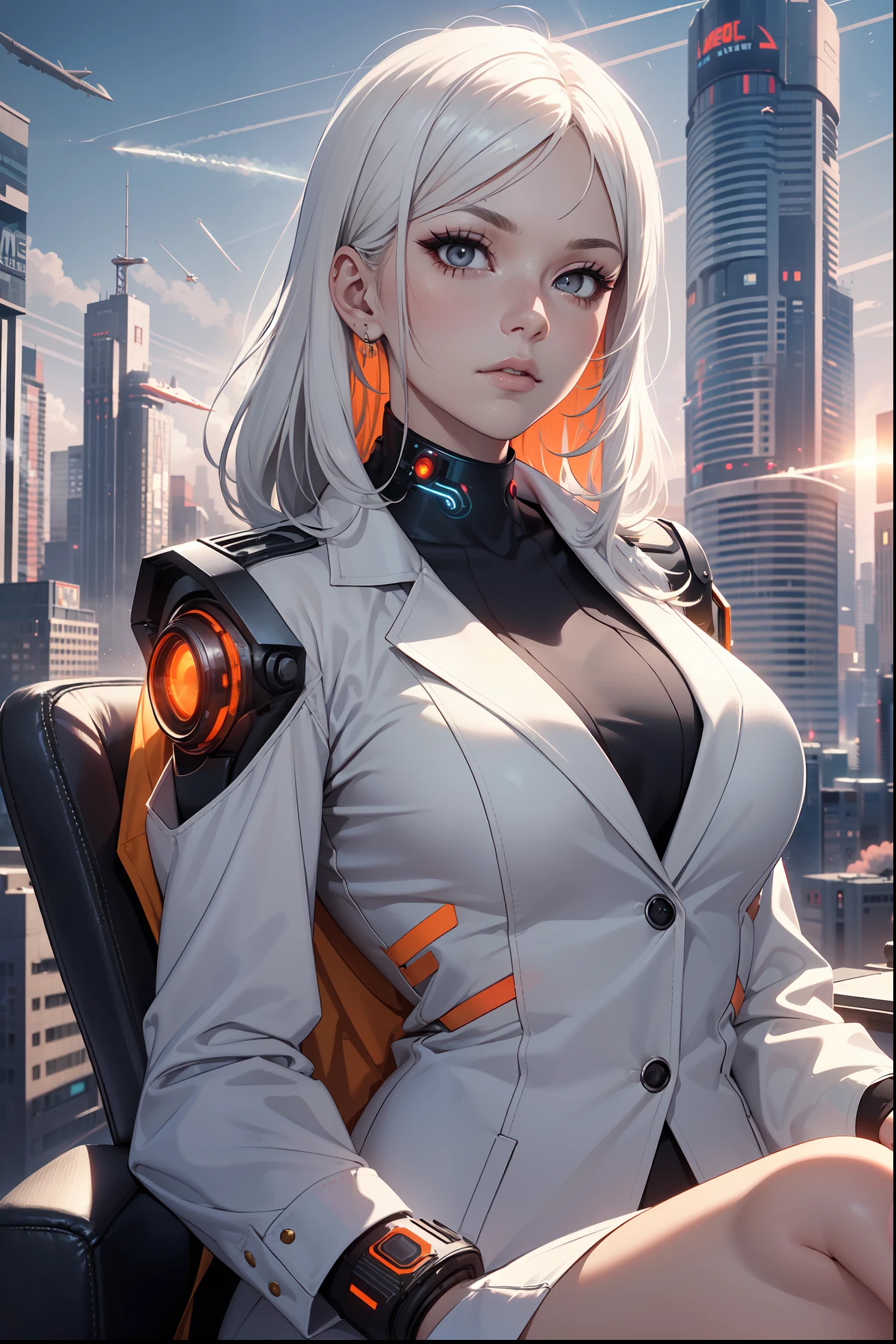 (masterpiece:1.3), (8k, photorealistic, RAW photo, best quality: 1.4), (1girl), beautiful face, (realistic face), Nice hairstyle，Realistic Eyes，Nice detail eyes，（Realistic Skin），Beautiful Skin，Ridiculous，attractive，Ultra high Resolution，an ultra realistic，RAWExtremely detailed，golden proportions, Woman wearing business outfit, white formal blazer, white blouse, white high waist business skirt, beautiful, masterpiece, best quality, perfect lighting, (white hair:1.4), long hair, (grey eyes:1.2), slender build, thin, medium breasts, business woman, ceo of small arms and aerospace centered mega corporation, sitting in luxurious black office chair, giant modern window with view of dusk cyberpunk city skyline in background, torso shot, dusk, (cyberpunk city background:1.3), (Hazy sky:1.2), (Dim red sun:1.3), eyelashes, dark eyeliner, cyberpunk, older, sleek modern-futuristic office, (white clothes:1.2), (aerospace:1.1), (orange flare with white smoke trail rising up in distance across the sky:1.3)