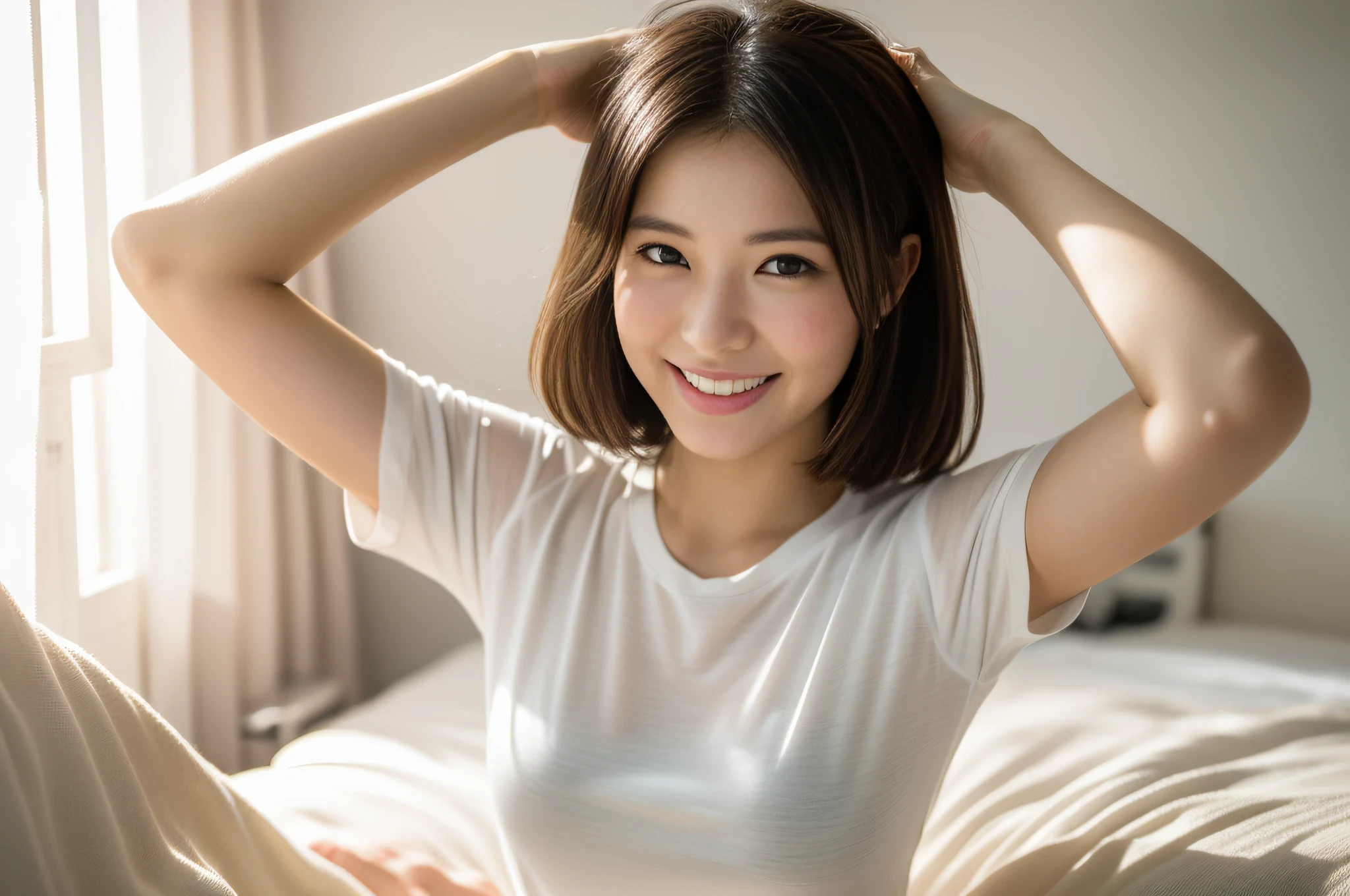 (((realistic photography))), masterpiece, (RAW Photo, cg unity, photography, ultra realistic details, sharp focus, detailed skin,4k, high-res, best quality, realistic, vibrant:1.2),(8k,4k, UHD, high resolution, professional, cinematic, movie, dramatic),(environment details:1.3),(anamorphic depth of field blur background), bautiful Japanese woman stretching her arms in the air while sitting on a bed, (wearing white pajamas, T-shrit), 25-year-old, pose(arms up), (happy, smile:1.5),  sitting in bedroom, woman is curved, morning time, satisfied pose, various pose, she expressing joy, woman is sitting on bed, in the morning, summer, whtie bed sheet, (Fresh morning:1.5), (in white bright room with morning sunlight:1.5), looking away from the camera,  (wide shot:1.5)