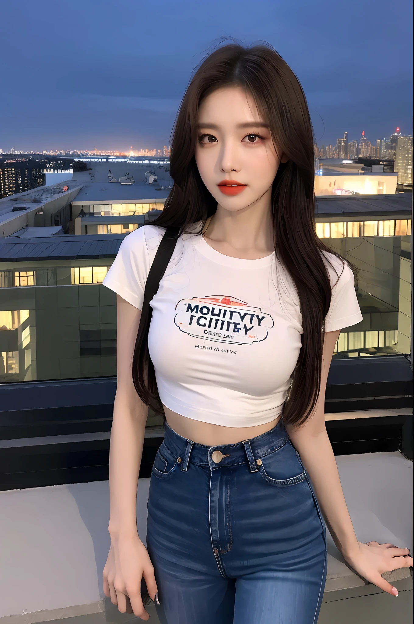 ((Midnight, Best quality, 8k, Masterpiece :1.3)), Whole body, Long legs, Sharp focus :1.2, A pretty woman with perfect figure :1.4, Slender abs :1.1, ((Dark brown hair, Big breasts :1.2)), (White tight tshirt, Jean bib, Standing:1.2), ((Night city view, Rooftop:1.3)), Highly detailed face and skin texture, Detailed eyes, Double eyelid