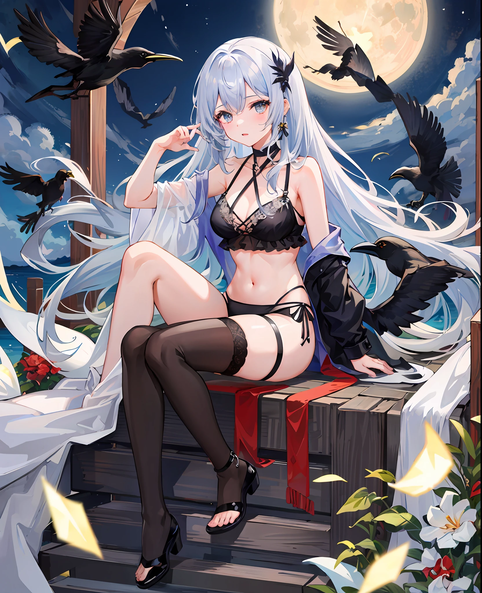 (masterpiece), (best quality), 全身, 简单的背景, 坐着, 1girl, 闪亮的头发, 白发, 羽毛发饰, 白色披风, ((see-through)), 肚脐, 浅笑, 植物, 花, full_moon ,侦探主题,((black legwear)), ((crow)),chains,ruins, 1gir, in flower,black_bikini,1girl in flower ,navel,