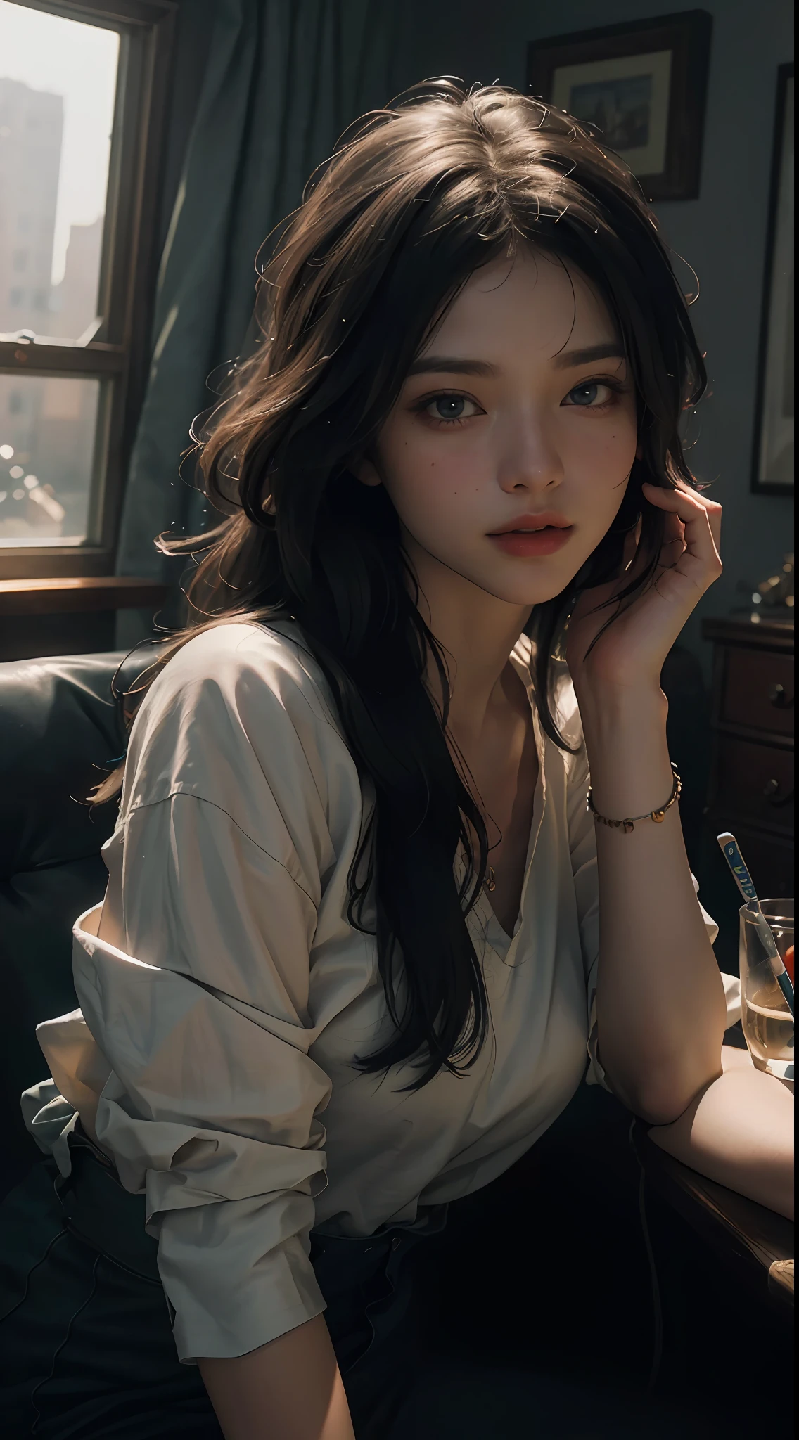 (RAW photo, best quality), (realistic, photo-realistic:1.3),best quality,highly detailed,masterpiece,ultra-detailed,illustration,1girl,upper_body,dynamic angle,world masterpiece theater,messy_long_hair,best quality,extremely detailed CG unity 8k wallpaper,ink,Amazing,cinematic lighting,lens_flare, dunhuang_style