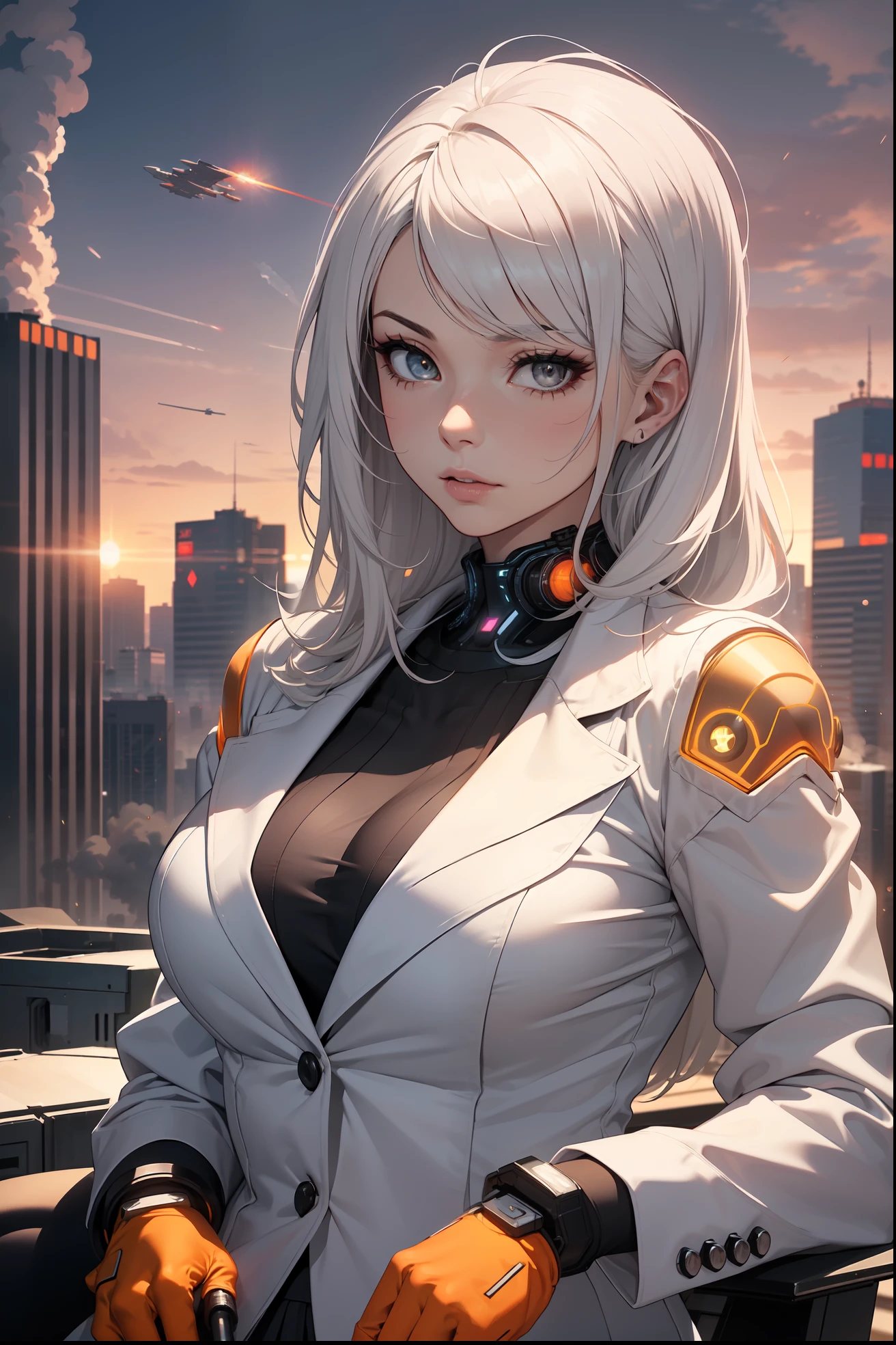 (masterpiece:1.3), (8k, photorealistic, RAW photo, best quality: 1.4), (1girl), beautiful face, (realistic face), Nice hairstyle,Realistic Eyes,Nice detail eyes,(Realistic Skin),Beautiful Skin,Ridiculous,attractive,Ultra high Resolution,an ultra realistic,RAWExtremely detailed,golden proportions, Woman wearing business outfit, white formal blazer, white blouse, white high waist business skirt, beautiful, masterpiece, best quality, perfect lighting, (white hair:1.4), long hair, (grey eyes:1.2), slender build, thin, medium breasts, business woman, ceo of small arms and aerospace centered mega corporation, sitting in luxurious black office chair, giant modern window with view of dusk cyberpunk city skyline in background, torso shot, dusk, (cyberpunk city background:1.3), (Hazy sky:1.2), (Dim red sun:1.3), eyelashes, dark eyeliner, cyberpunk, older, sleek modern-futuristic office, (white clothes:1.2), (aerospace:1.1), (orange flare with white smoke trail rising up in distance across the sky:1.3)