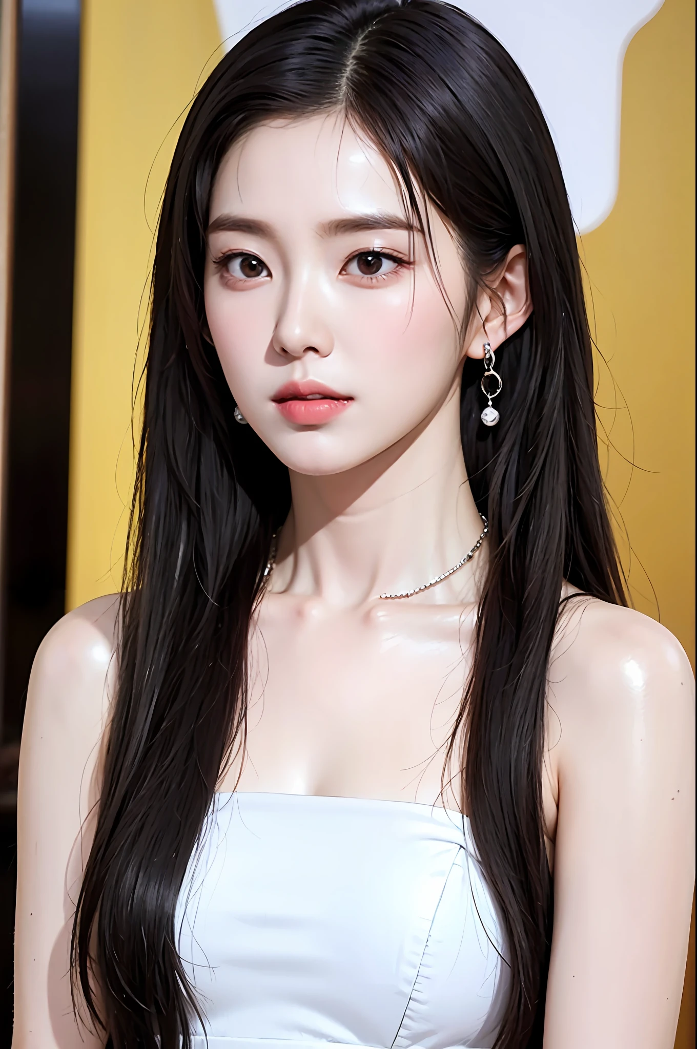 Girl, black hair, black eyes, closed mouth, collarbone, earrings, jewelry, lips, long hair, around tail, looking at the audience