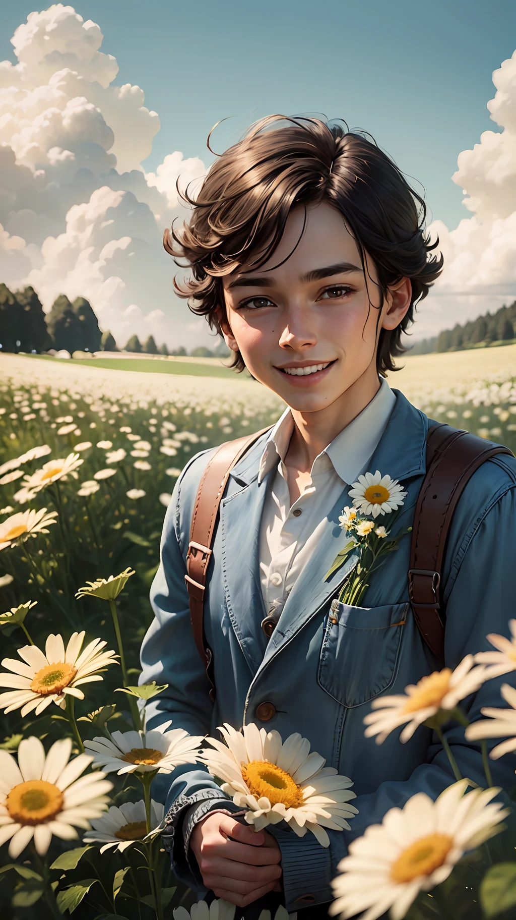 Summer. Sunny meadow with many flowers. A bully boy with his hand outstretched forward holds a bouquet of daisies. Smiling. Disney Pixar cartoon style. Photorealistic, cinematic, Octane render, 8K, Blue sky background with white clouds --auto --s2