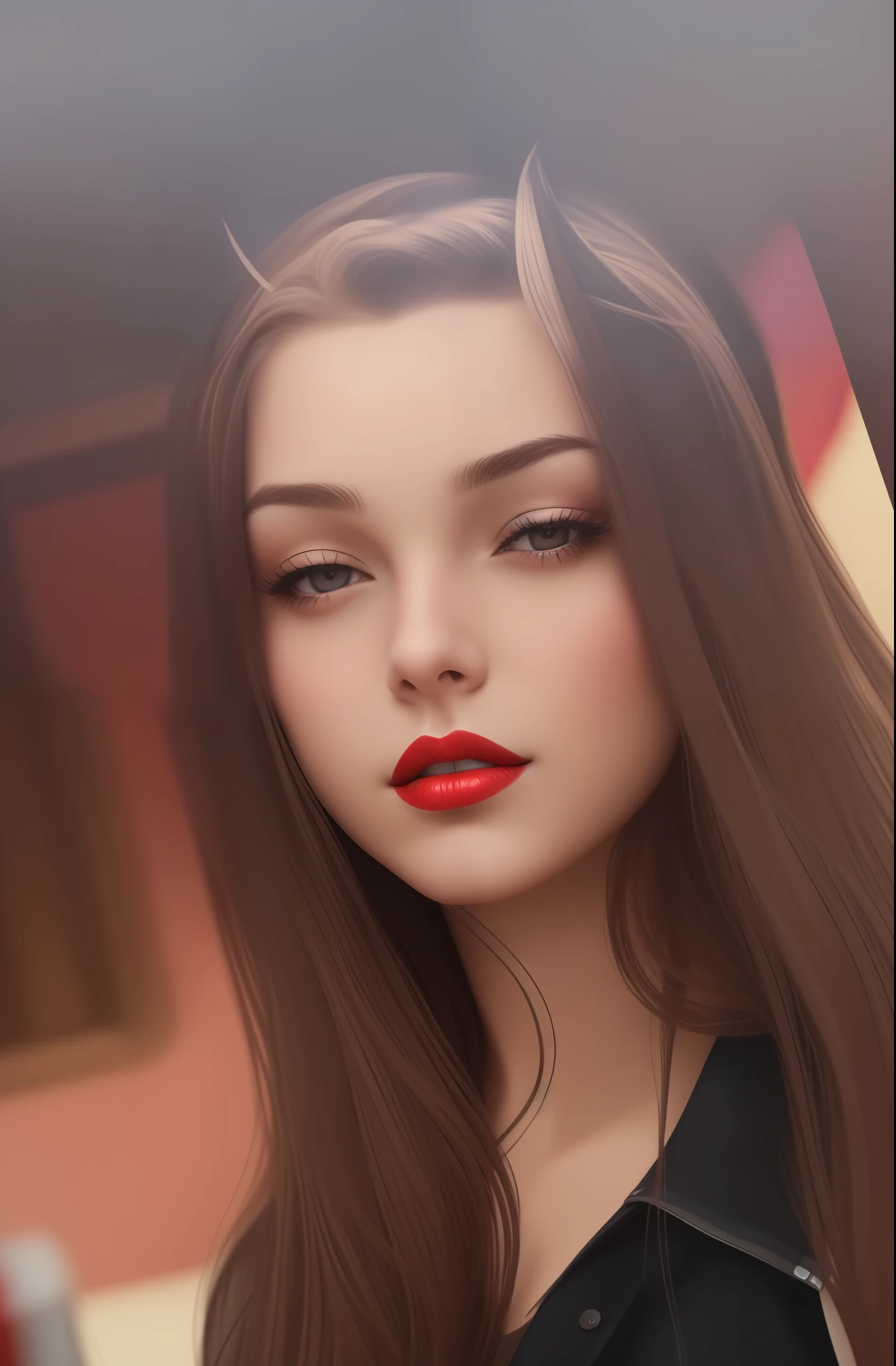 Realistic drawing of a 16-year-old girl with red lips, lots of detail, great resolution, 4k, black hair, flawless makeup.