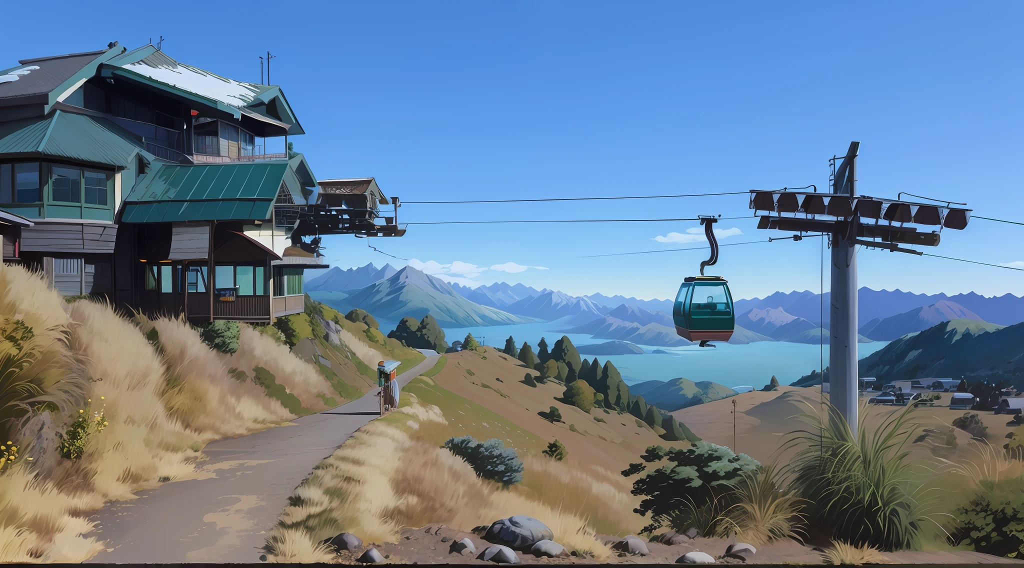 green foliage, green grass, green plants, gondola going up a hill with a view of the water, chairlifts, gondola, new zealand, painted animation background, kahikatea, digitally painted, gondolas,  highly rendered, new zealand landscape, adventure hyper realistic render