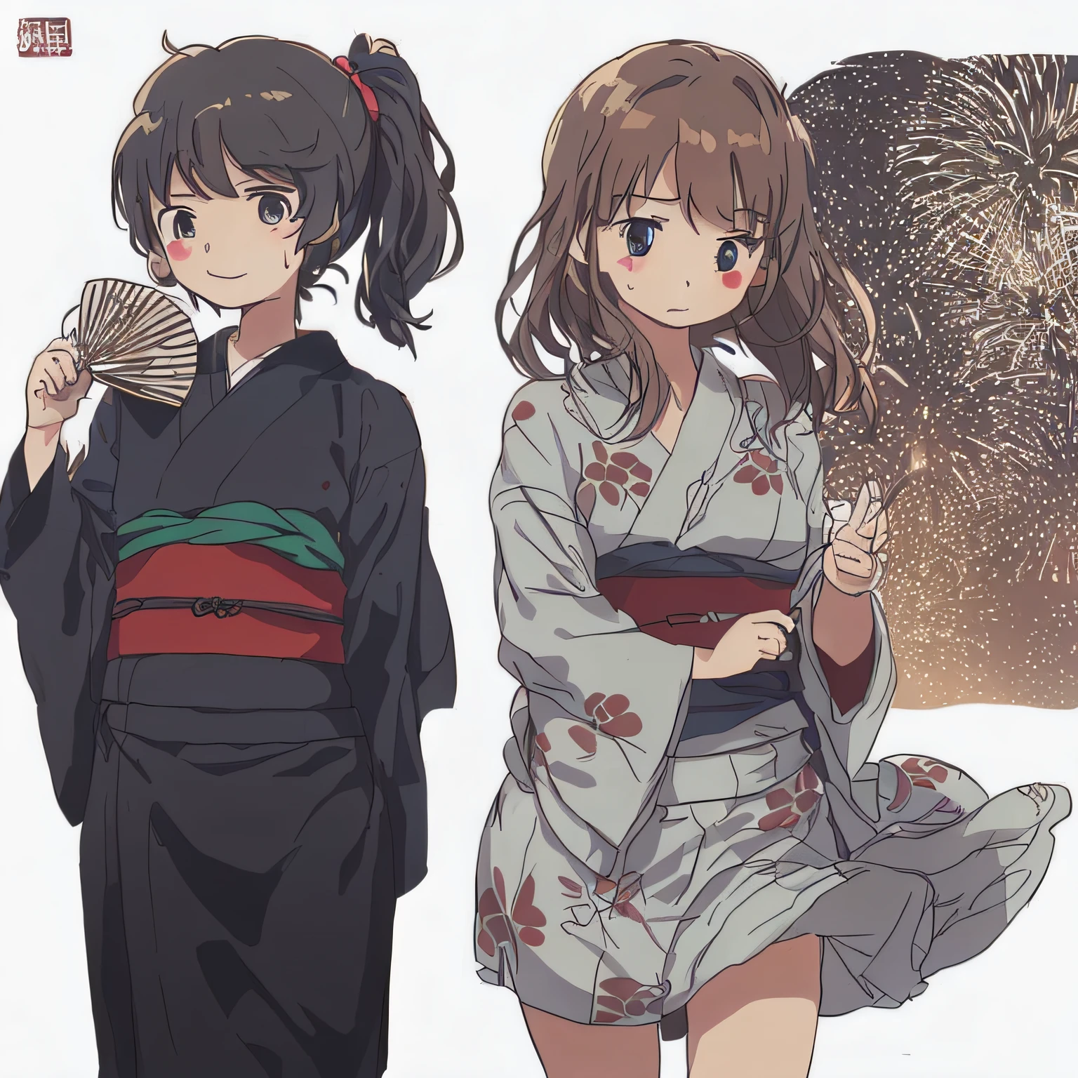 white background, character sheet, many angles, cute illustration, logo design, brown hair, boy and girl, summer, yukata, fireworks, light clothing, fan, wind, sweat, masterpiece, high quality