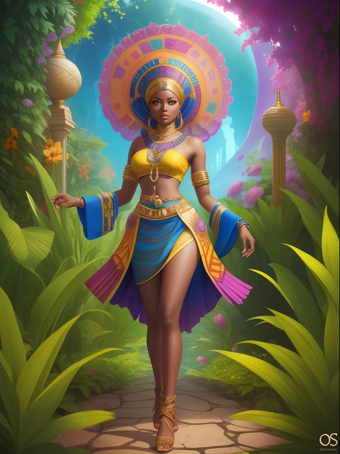 araffe woman in a colorful dress standing in a garden, vibrant fantasy style, african queen, epic 3 d oshun, afrofuturist, colorfull digital fantasy art, ethnic fantasy, fantasy painterly style, african princess, beautiful digital artwork, dark skin female goddess of love, cgsociety saturated colors, nature goddess, psychedelic goddess, fantasy art behance