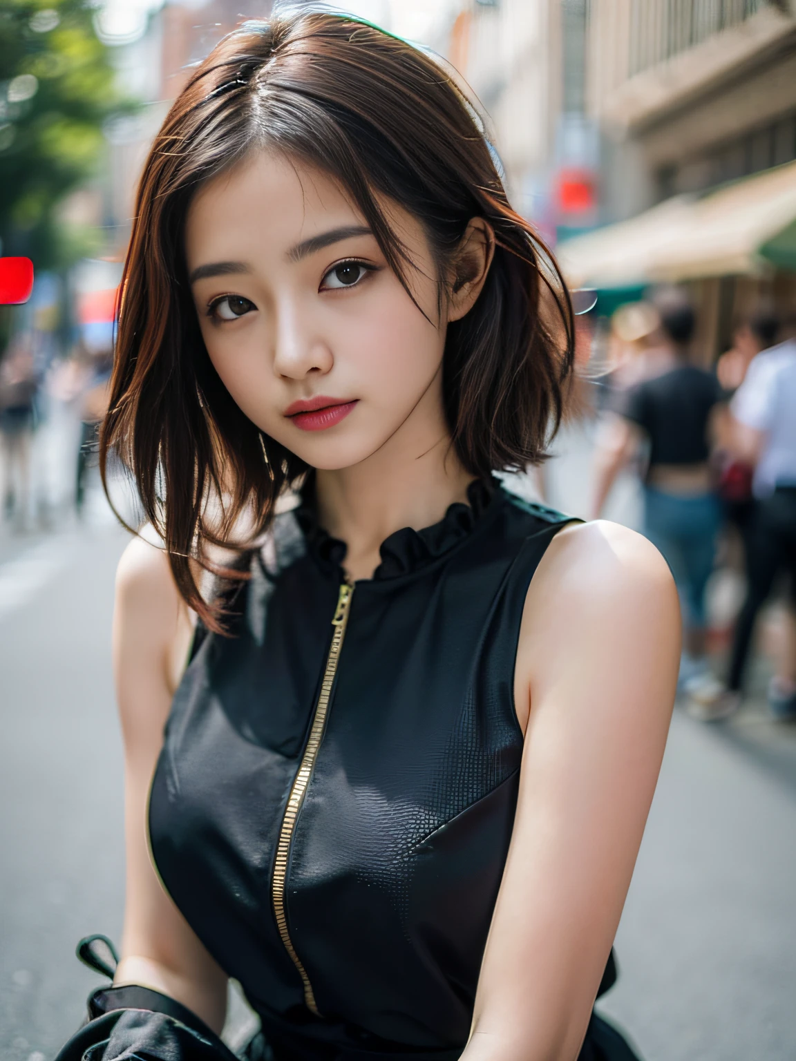 Woman posing seductive on street corner, top quality, high resolution, 8k, girl alone, outdoor, (street: 0.8), (people, crowd: 1), sleeveless dress, black dress: 1.5), gorgeous, (medium hair), (dynamic pose: 0.8), (upper body: 1.2), soft lighting, wind, glossy skin, gaze,