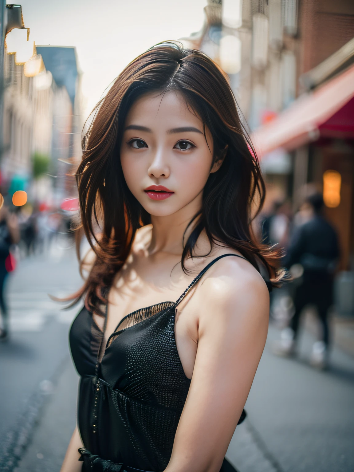 Woman posing seductive on street corner, top quality, high resolution, 8k, girl alone, outdoor, (street: 0.8), (people, crowd: 1), sleeveless dress, black dress: 1.5), gorgeous, (medium hair), (dynamic pose: 0.8), (upper body: 1.2), soft lighting, wind, glossy skin, gaze,