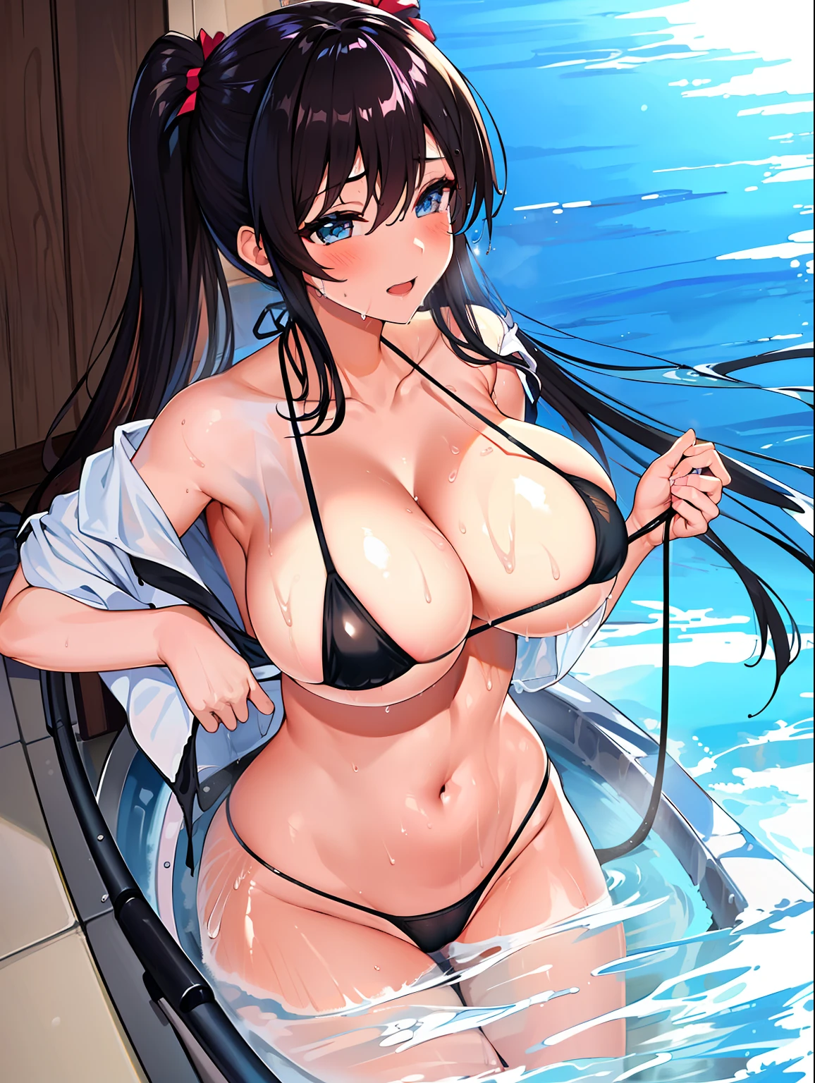 1 girl, single, blue sky, (((wet white shirt)))), ((no bra))))), exposed shoulders and entire navel, no pants, ((((wet thin line thong panties)))), almost completely naked, nsfw, panties almost transparent, (((delicate private details)), (((thin line thong panties))))