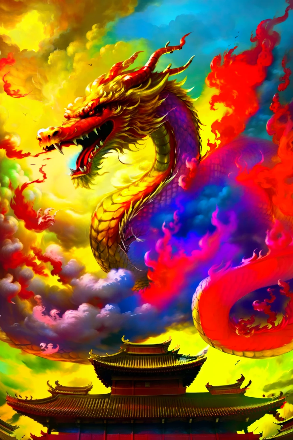 Best quality,masterpiece,ultra high res,nu no humans, (long:1.2),no humans, cloud, architecture, east asian architecture, red eyes, horns, open mouth, sky, fangs, eastern dragon, cloudy sky, teeth, flying, fire, bird, wings