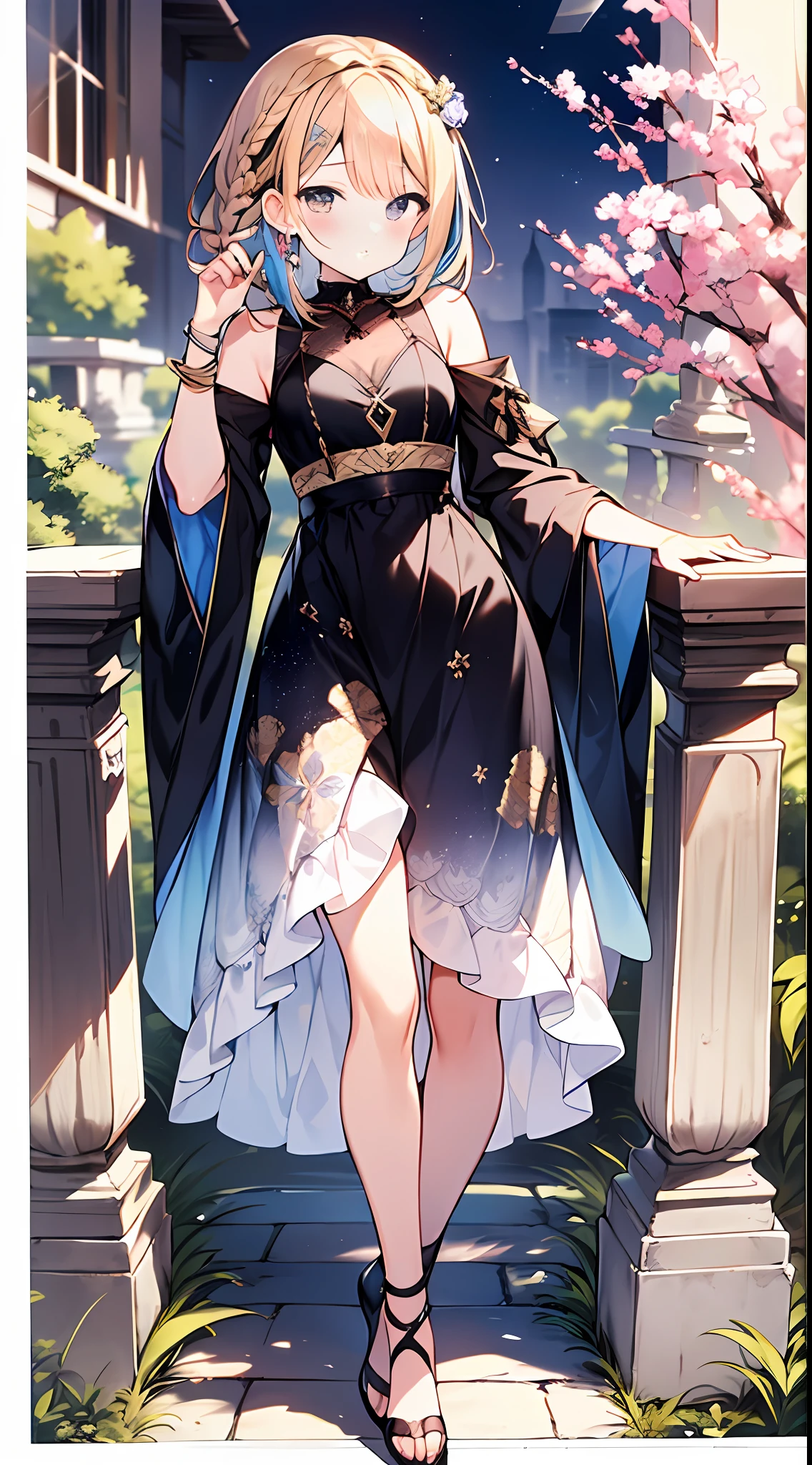 (incredibly absurdres absolutely resolution: 1.5), highest quality, masterpiece, ultra high resolution, 8k, (multiple girls), (gorgeous dresses with many gorgeous and colorful decorations) BREAK shoujo manga style, (li), soft line drawing, digital enhancement, shojo manga touch, environmental change scenes, shojo manga core, ( Hair length to the shoulders))), (((short braid))), ancient capital of the West, full body visible angle, entangle, beautiful and aesthetic: 1.5, High quality: 1.3