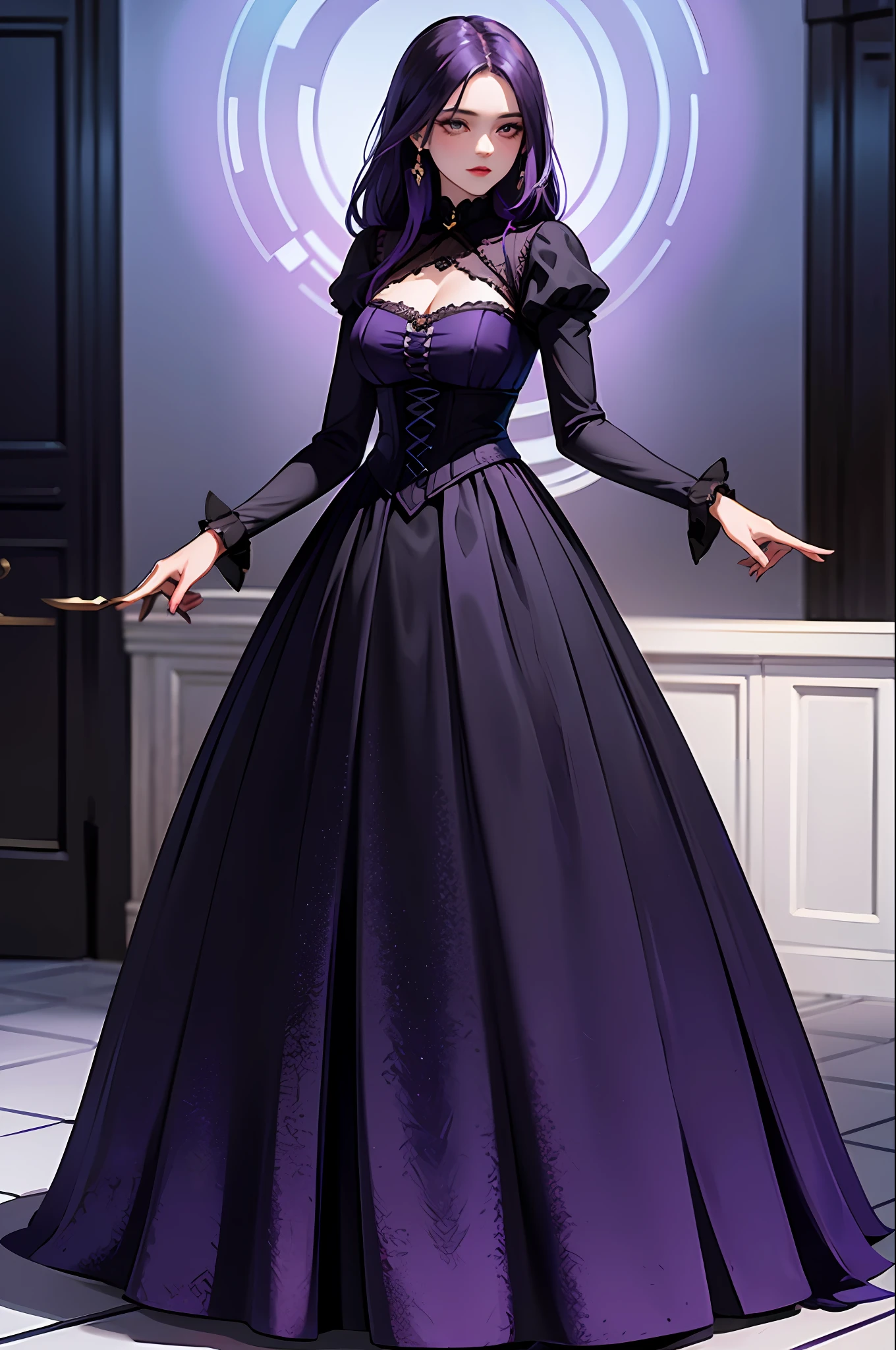 a woman in a purple and black dress standing in a room, ombre velvet gown, magical dress, an elegant gothic princess, gown, royal gown, fantasy dress, dressed beautiful gown, wearing an evening gown, garbed in a purple gown, wearing fantasy formal clothing, wearing long gown, purple dress, vintage gothic gown, wearing a gothic dress, victorian dress