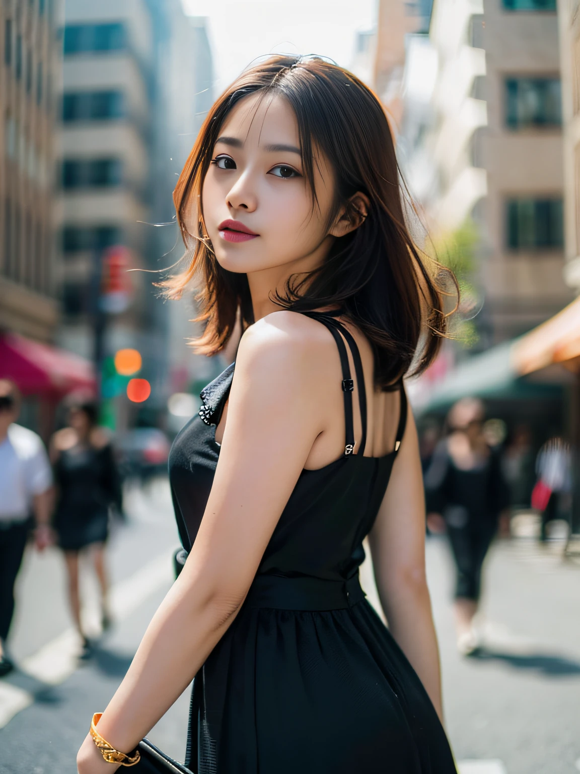 Woman posing seductive on street corner, top quality, high resolution, 8k, girl alone, outdoor, (street: 0.8), (people, crowd: 1), sleeveless dress, black dress: 1.5), gorgeous, (medium hair), (dynamic pose: 0.8), (upper body: 1.2), soft lighting, wind, glossy skin, gaze,