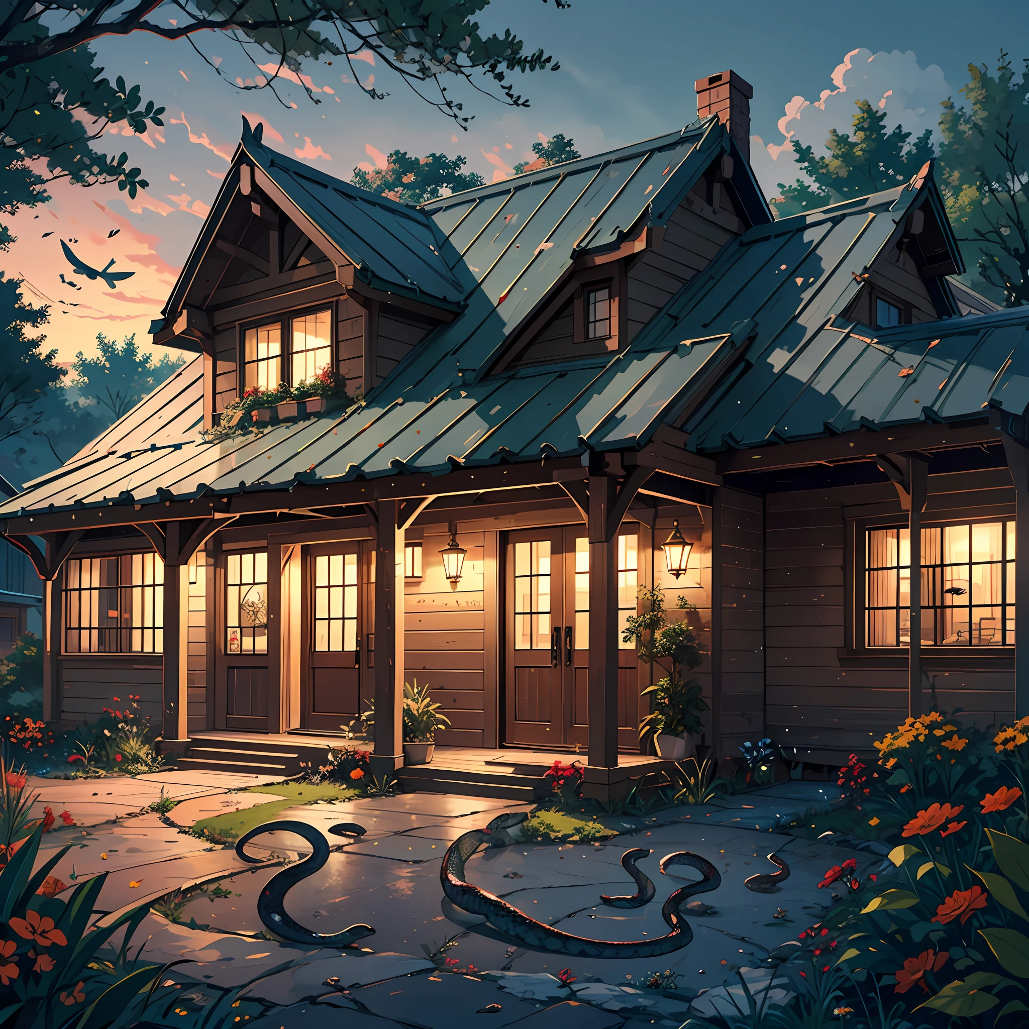 A lot of snakes in yard, house, modern, dark, masterpiece best quality, 8k, very detailed, high quality, high resolution