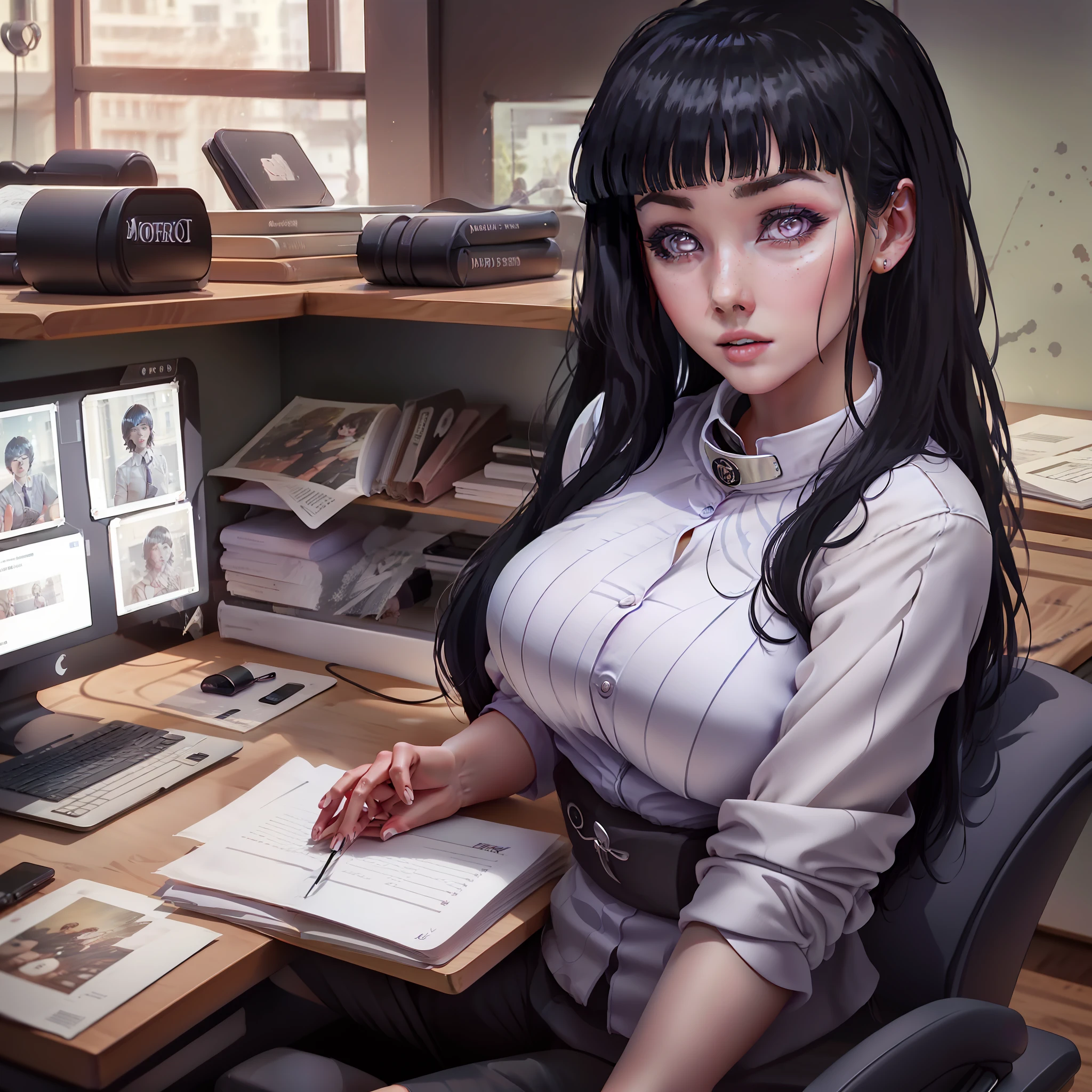 Hinata working in an office , masterpiece, great details, 6k , concerned , woman's black office suite , purplr tie long black hair , voluminous marilyn cut