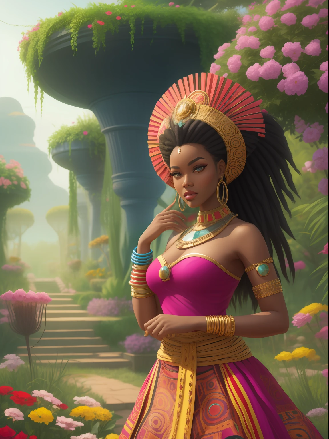 araffe woman in a colorful dress standing in a garden, a digital painting by Alexander Kucharsky, trending on cg society, afrofuturism, vibrant fantasy style, african queen, epic 3 d oshun, afrofuturist, colorfull digital fantasy art, ethnic fantasy, fantasy painterly style, african princess, beautiful digital artwork, dark skin female goddess of love