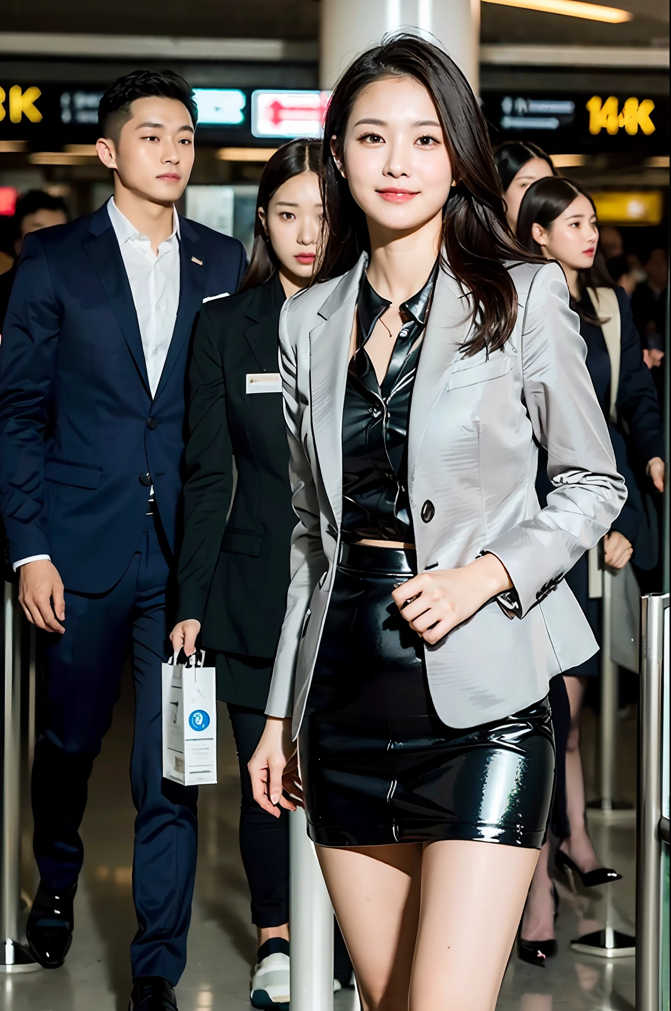 One Girl, (Photorealistic, High Resolution: 1.4), Full Body (8k, RAW Photography, Best Quality, Masterpiece: 1.2), (Realistic, Photorealistic): 1.37), ((White Skin: 1.2), Big, Viewer's Gaze, Solo, (Middle Hair: 1.5), Airplane, Airport, Stewardess Uniform, Formal Jacket, Clean Legs, Realistic, (Masterpiece: 1.4), ( Top Quality: 1.4), (Glossy Skin), Smile (Skinny, Mouth Closed, Shy: 1.3), Mini Skirt