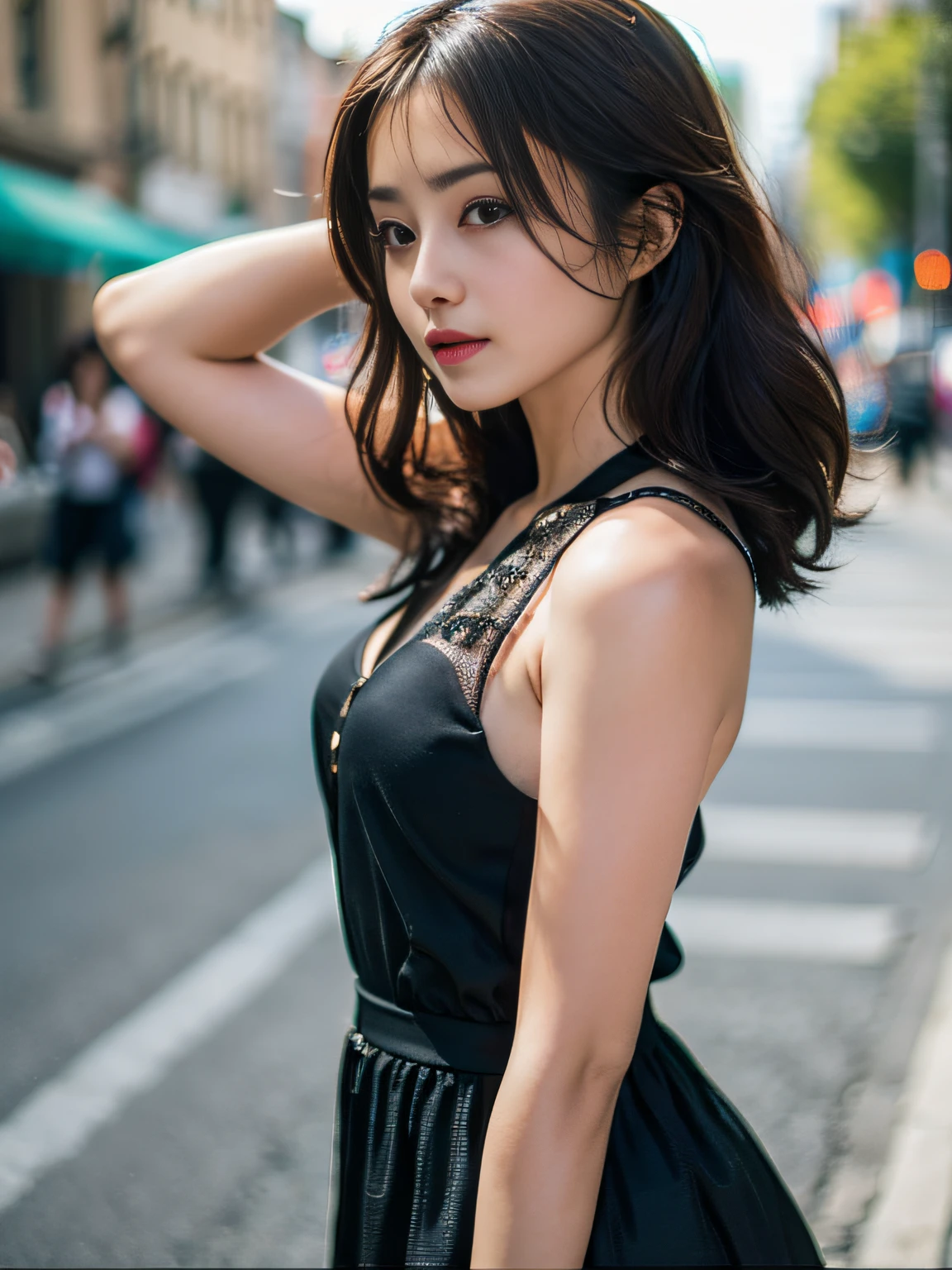 Woman posing seductive on street corner, top quality, high resolution, 8k, girl alone, outdoor, (street: 0.8), (people, crowd: 1), sleeveless dress, black dress: 1.5), gorgeous, (medium hair), (dynamic pose: 0.8), (upper body: 1.2), soft lighting, wind, glossy skin, gaze,