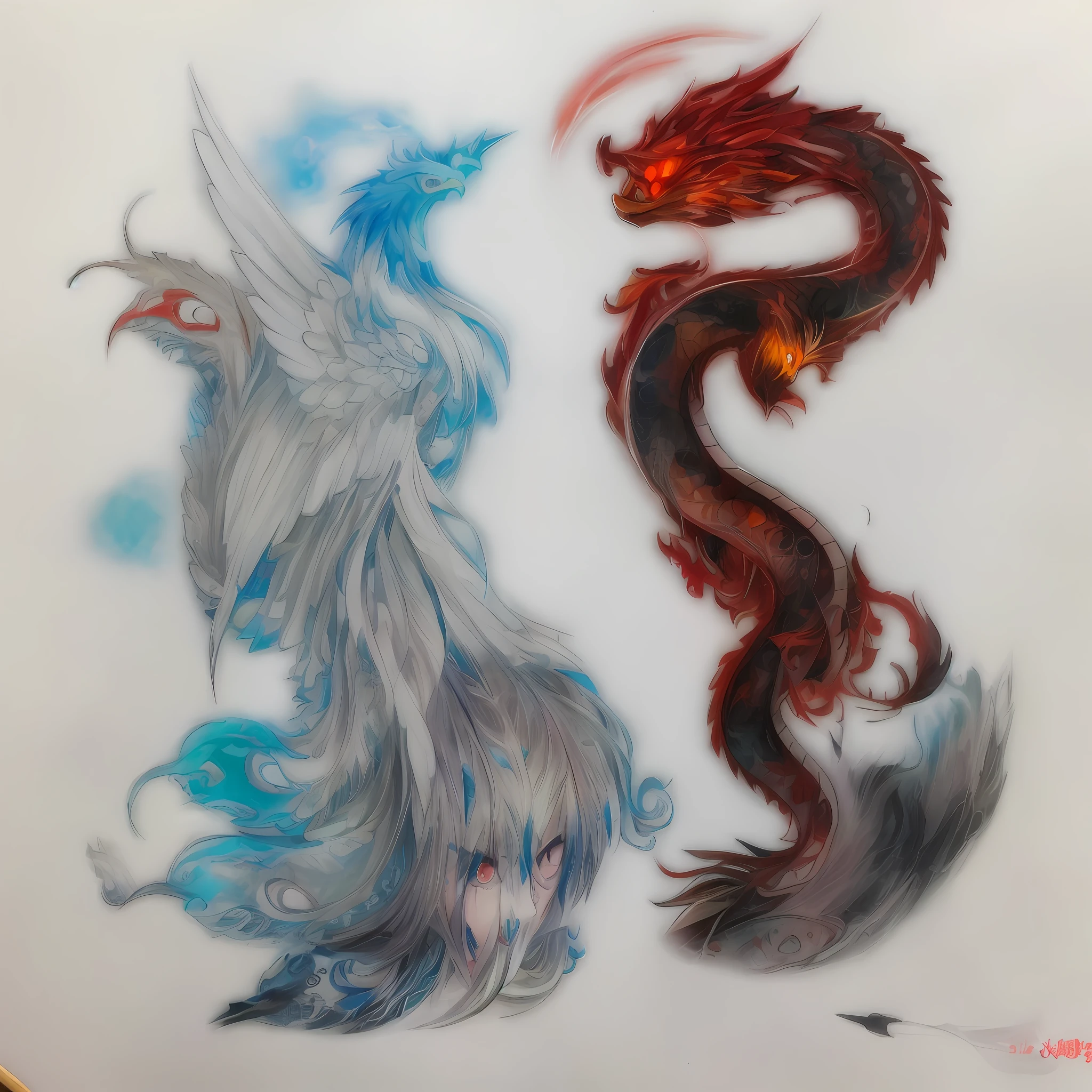 Red line art, anime style. Clearly drawn, detailed dragon and phoenix eyes. They are realistic in their reflections of light and the depth of colors, and portraits of Japan artists who carry out the ancient technique of painting ink with Chinese ink. Realistic sketch style, freeline, red and white, on paper, character sheet, sharp line, anime, 8K