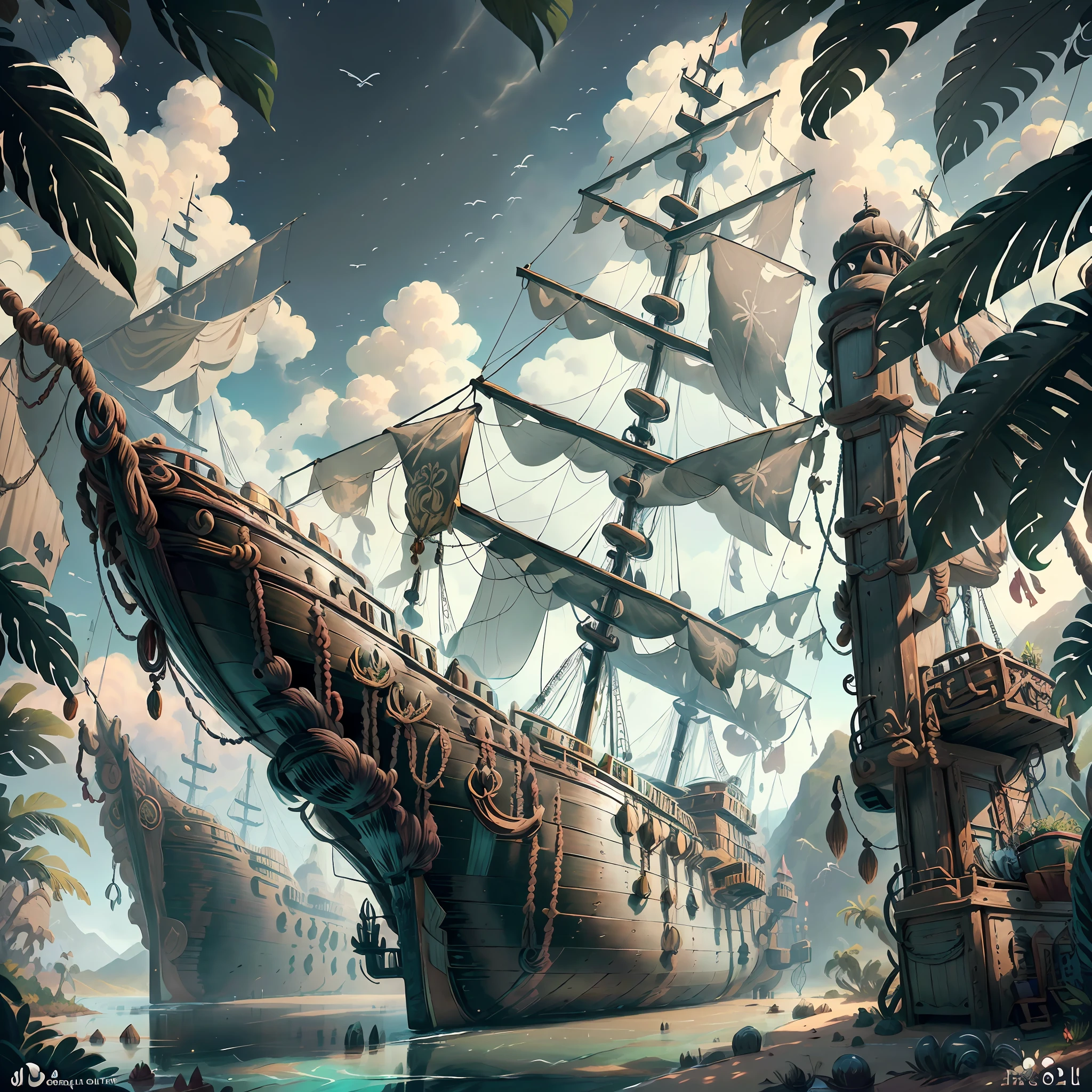 Computer Rendered Graphics, Realistic Fantasy, Extensive Landscape Ultrafiction Photography (general view showing a huge wooden sailing ship, with decks, 4 decks, stern, hold, + many sails, + bow, + tank, + stern, + ut + decks, ), ocean, sandbank, rocks, sky, morning, "Majestic mountains," "Lush forests," "Glittering lakes," "Desert dunes," "Golden sunsets."