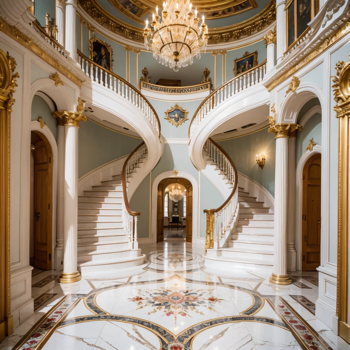 Step into this magnificent duplex suite and feel like you have arrived in an aristocratic world of luxury. The marble staircase of the hall is majestic and graceful, as if witnessing the vicissitudes of history. Ornate chandeliers and antique ornaments shine like gold, showing the beauty of nobility. The spacious space invites you to enjoy precious moments of tranquility while sitting on soft luxury furniture. In this dream place, look forward to exploring the ultimate combination of luxury and romance. ,masterpiece, best quality,8k, ultra highres,