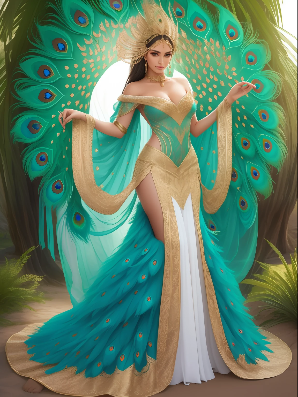 araffe woman in a peacock costume standing in a garden, beautiful costume, real photoshoot queen of oceans, fantasy photoshoot, dress made of feathers, ornate cosplay, peacock, queen of nature, full body photoshoot, peacock in the desert, exotic costumes, jeweled costume, stunning photoshot, award winning costume design, stunning elegant pose