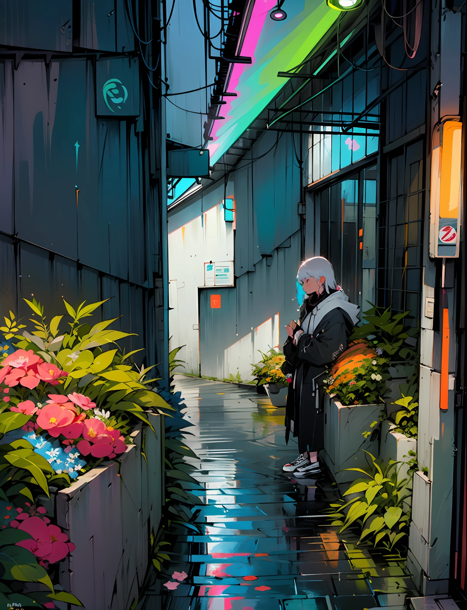 Masterpiece, up close, car on a wet road, neon lights, neon galaxies, huge crystal moon, starry sky, happy, peaceful, in love, hemp, crystals, leaf, marijuana, cannabis, ((illustration)), colorful, wallpaper, energy, secret, snkret, mountains, lake, night city, flower shop, neon stars, around flowers