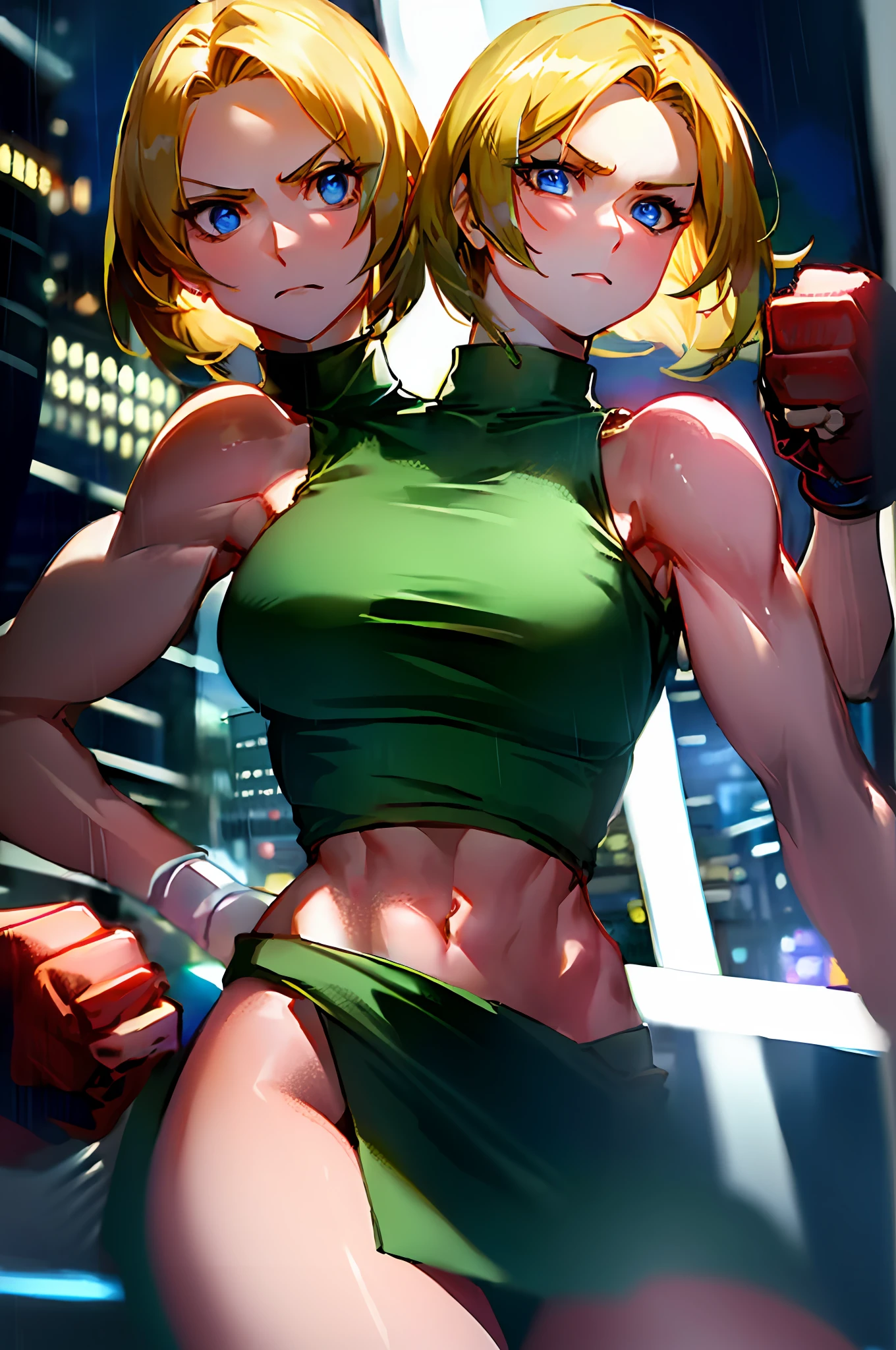 2heads,maryms,Best Quality,(beauty),masterpiece,  1girl,phisically-based render ,ultra highres,narrow waist, skinny,big eyes,long legs,(small breasts),puffy eyes, night,(rainy city), shiny skin, facing viewer, fighting stance, (make a fist),firm expression,