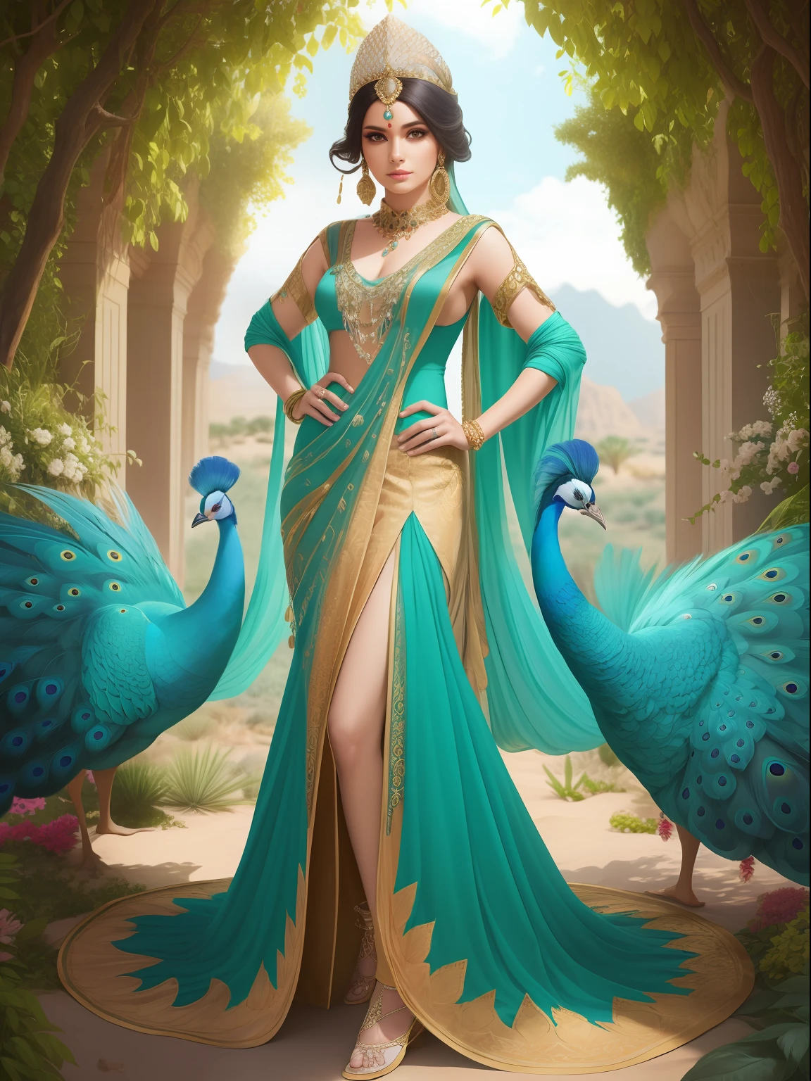 araffe woman in a Indian peafowl costume standing in a garden, beautiful costume, real photoshoot queen of oceans, fantasy photoshoot, dress made of feathers, ornate cosplay, peacock, queen of nature, full body photoshoot, peacock in the desert, exotic costumes, jeweled costume, stunning photoshot, award winning costume design, stunning elegant pose
