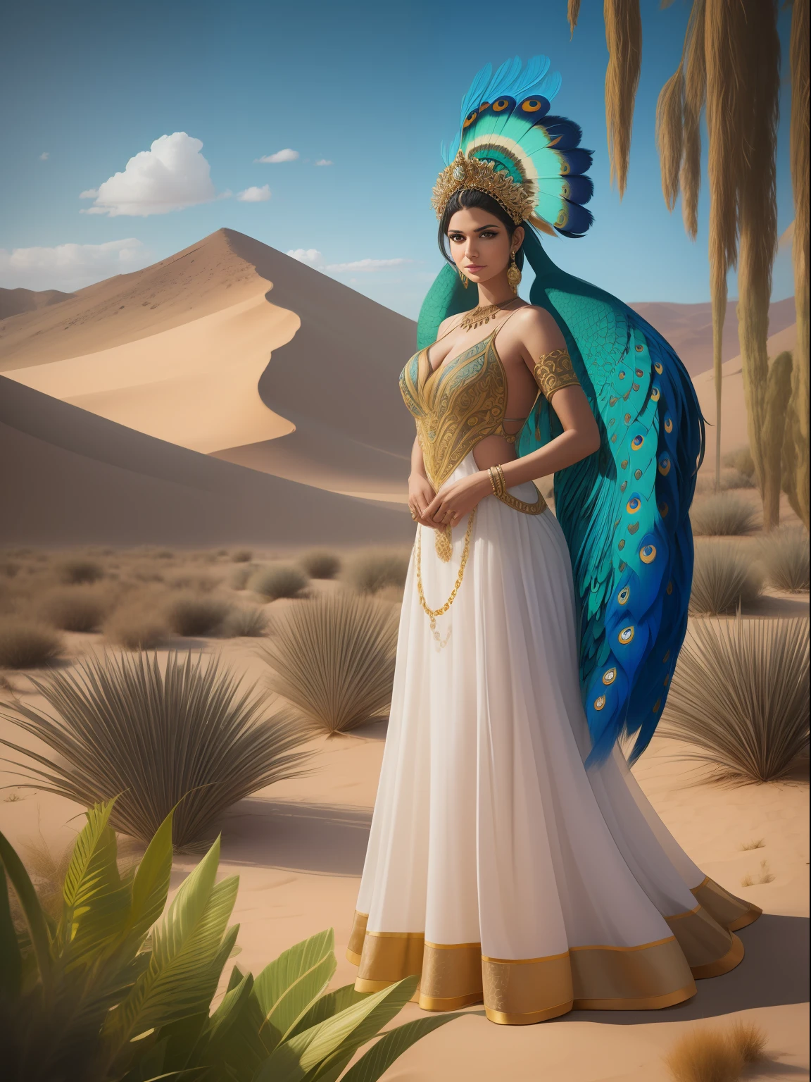 araffe woman in a Indian peafowl costume standing in a garden, a portrait by Jeanna bauck, trending on cg society, art photography, beautiful costume, real photoshoot queen of oceans, fantasy photoshoot, dress made of feathers, ornate cosplay, peacock, queen of nature, full body photoshoot, peacock in the desert, exotic costumes