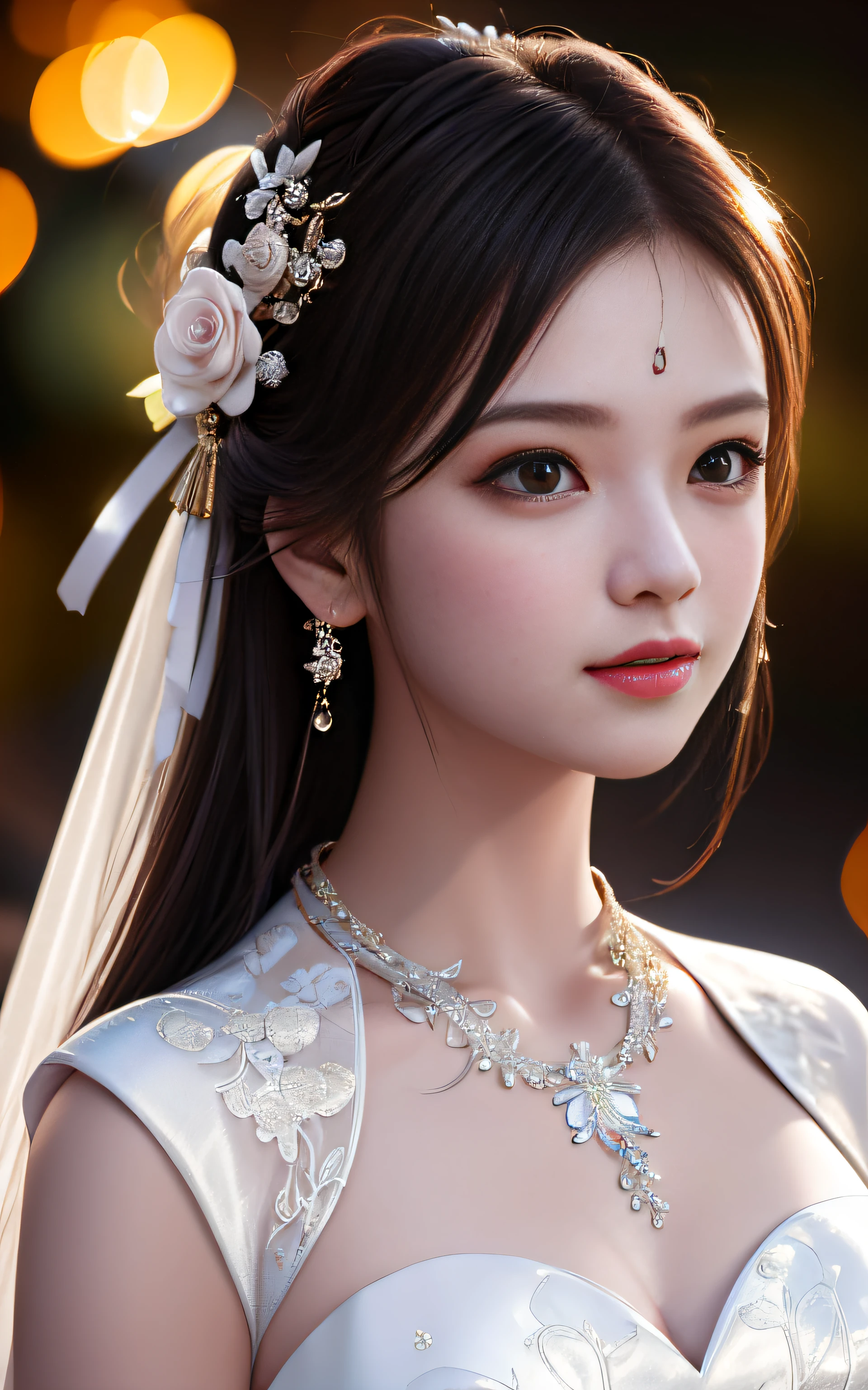 best quality, masterpiece, highres, 1girl,china wedding dress,hair ornament,necklace, jewelry,Beautiful face,upon_body, tyndall effect,photorealistic, dark studio, rim lighting, two tone lighting,(high detailed skin:1.2), 8k uhd, dslr, soft lighting, high quality, volumetric lighting, candid, Photograph, high resolution, 4k, 8k, Bokeh